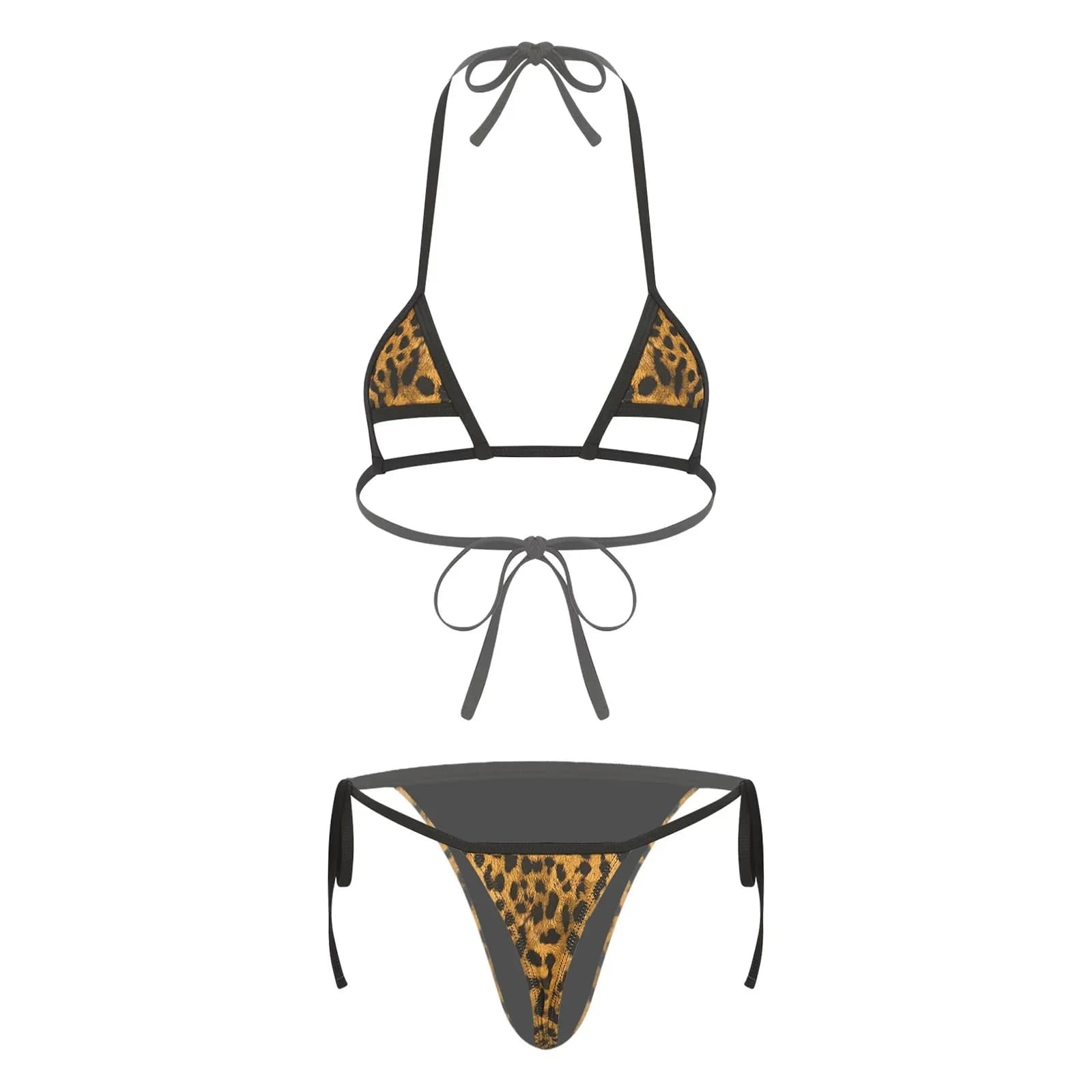 Costume da bagno bikini micro mini brasiliano da donna, due pezzi, con stampa leopardata, top a triangolo con lacci e perizoma coordinato