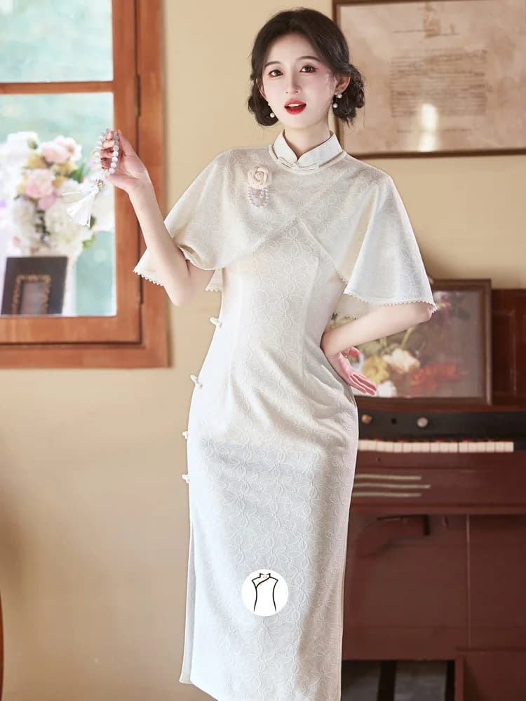 White Dress with Shawl Engagement Registration Certificate Vintage Style Chinese Long Qipao Women's Fashionable Sum...