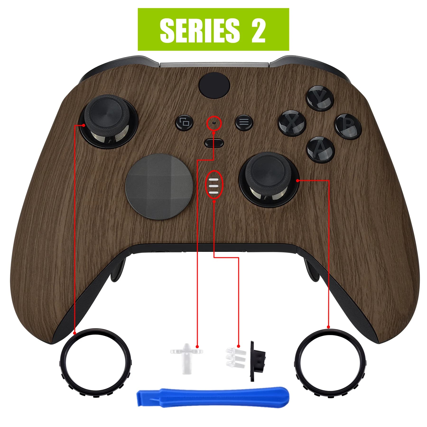 eXtremeRate Kit di riparazione guscio alloggiamento anteriore con piastra frontale Soft Touch per controller Xbox One Elite Series 2 modello 1797 - venature del legno