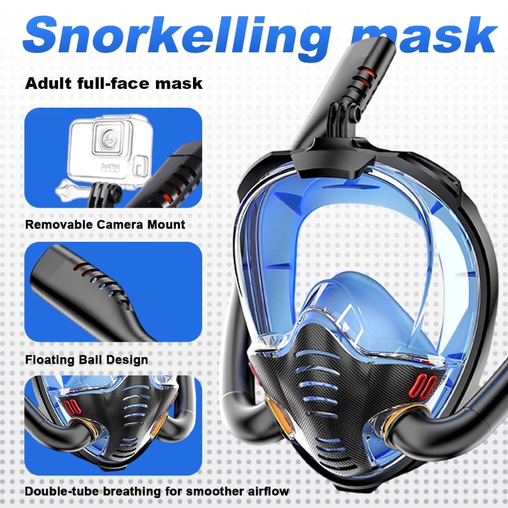 Maschera da snorkeling per adulti a doppio tubo - Antiappannamento e a prova di perdite Ampia vista Comfort Respirazione Design integrale Attrezzatura per immersioni in famiglia