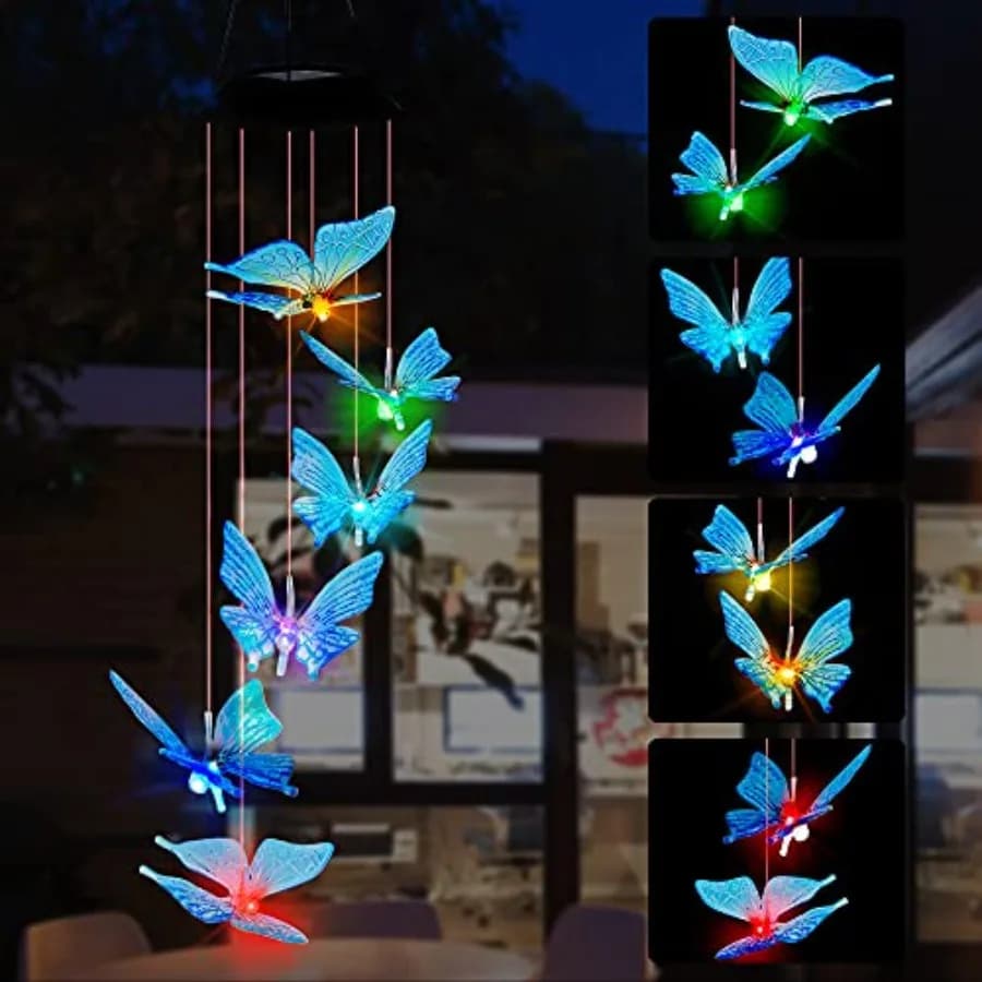 Solar Wind Chimes, Outdoor Butterfly Wind Chimes, Color Changing LED Mobile Wind Chime, Outdoor Waterproof LED Solar Light for