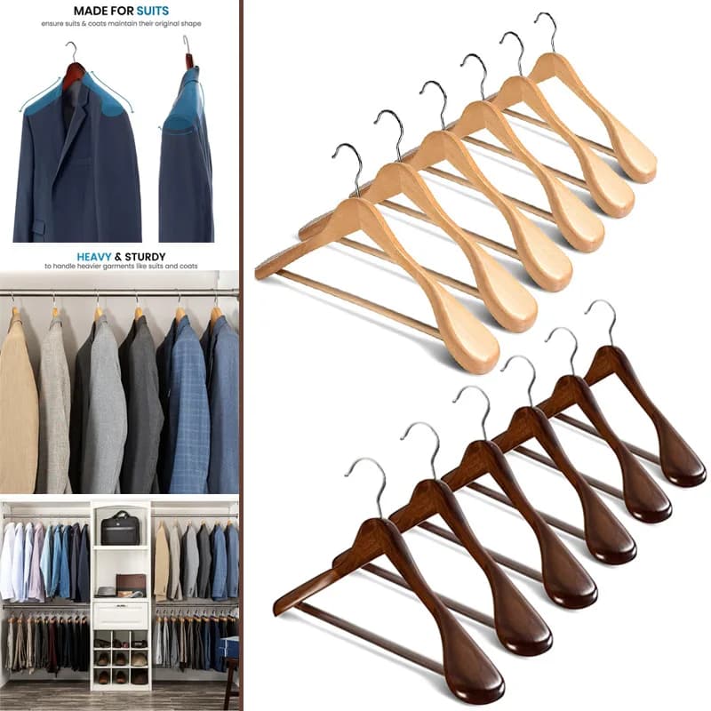Appendini in legno a spalla larga da 6 pezzi con barra per pantaloni antiscivolo per l'organizzatore del vestito del vestito dei vestiti del cappotto