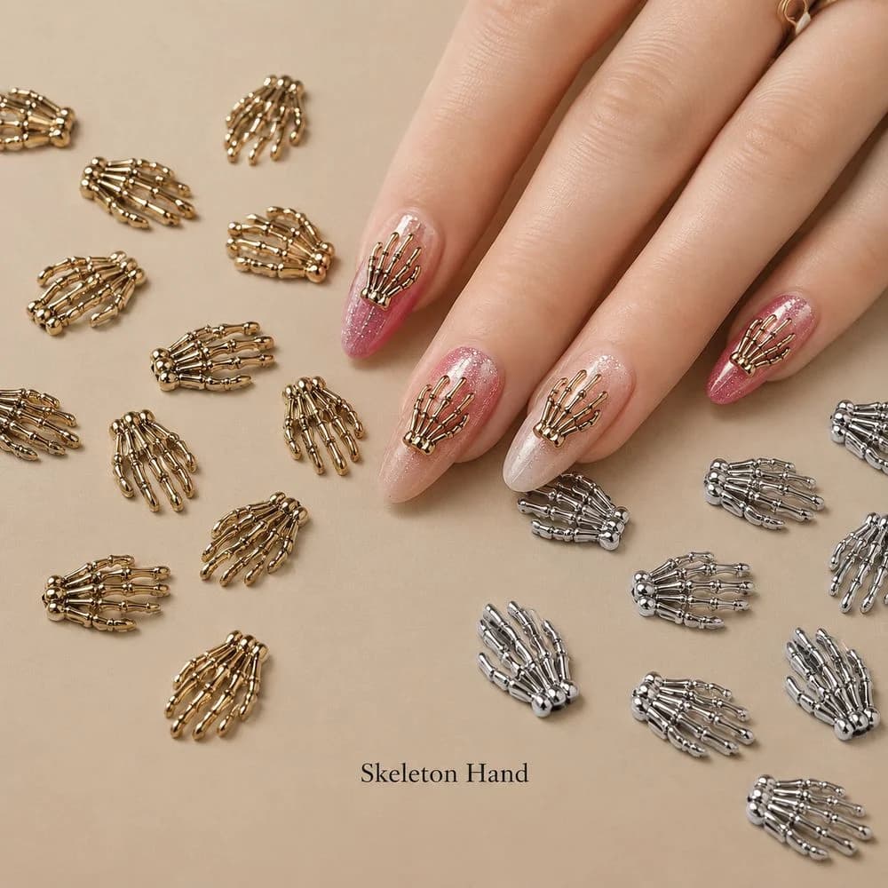 10Pcs 3D Retro Skeleton Hand Nail Charm Metal Alloy Skull Hand Nail Stud Punk Gothic Accessories For Halloween Nail Art Creation