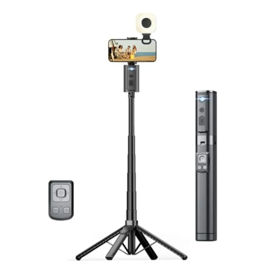 Treppiede con Tracciamento Automatico del Viso, Rotazione a 360° con Luce, Supporto per Telefono con Telecomando per Smartphone Android, Bastone Selfie Nero