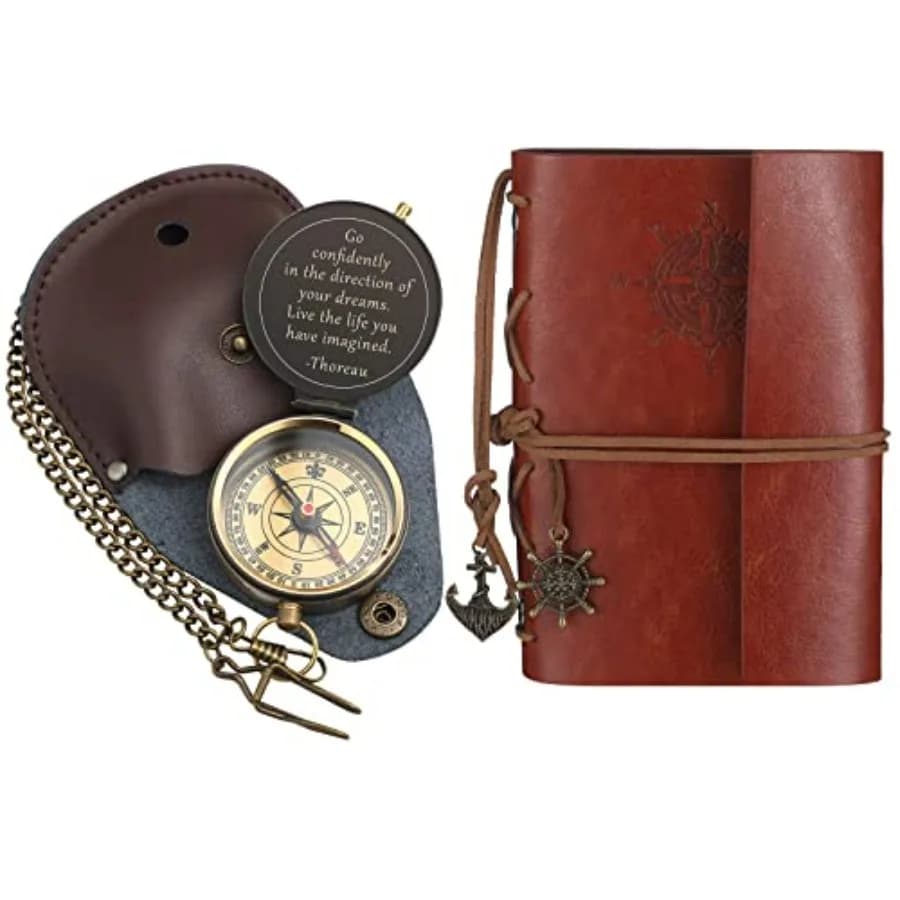 2 Pcs Compass Graduation Gift Compass with Stamped Leather Case and Leather Journal Notebook High School College Graduation Gif