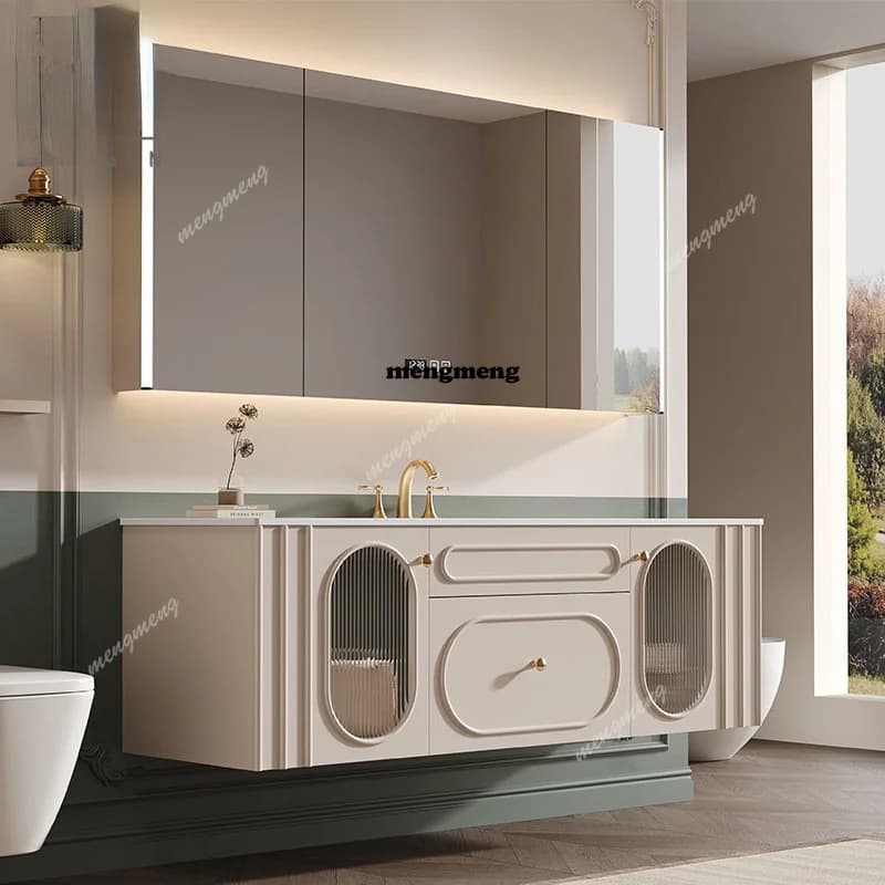Mobile Bagno Stile Francese con Specchio Smart, Lavabo Integrato in Roccia e Mobiletto Sottolavabo - Arredo Bagno