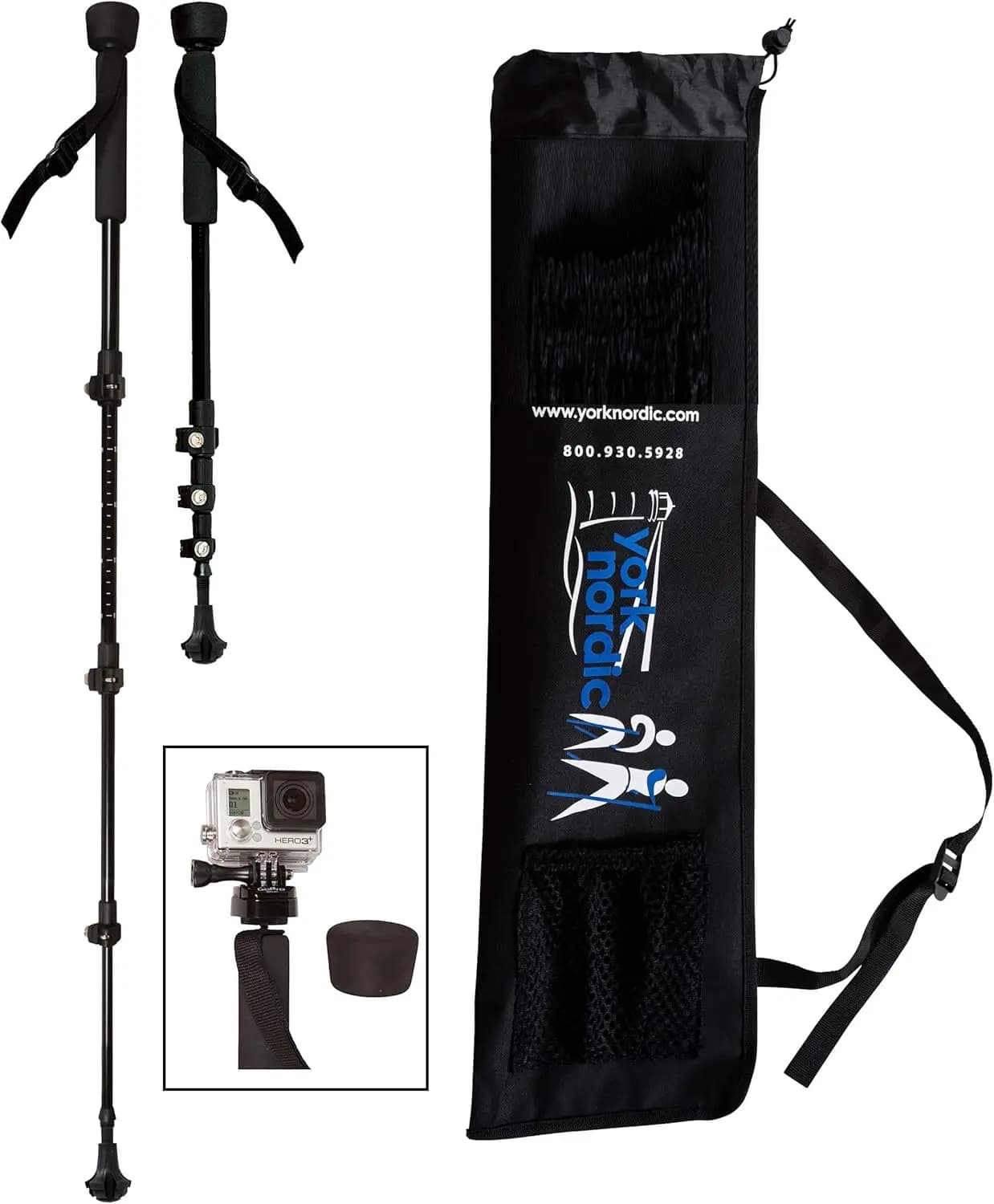 Foldable trekking poles in 4 pieces with snap closure, rubber feet and GoPro support - Black