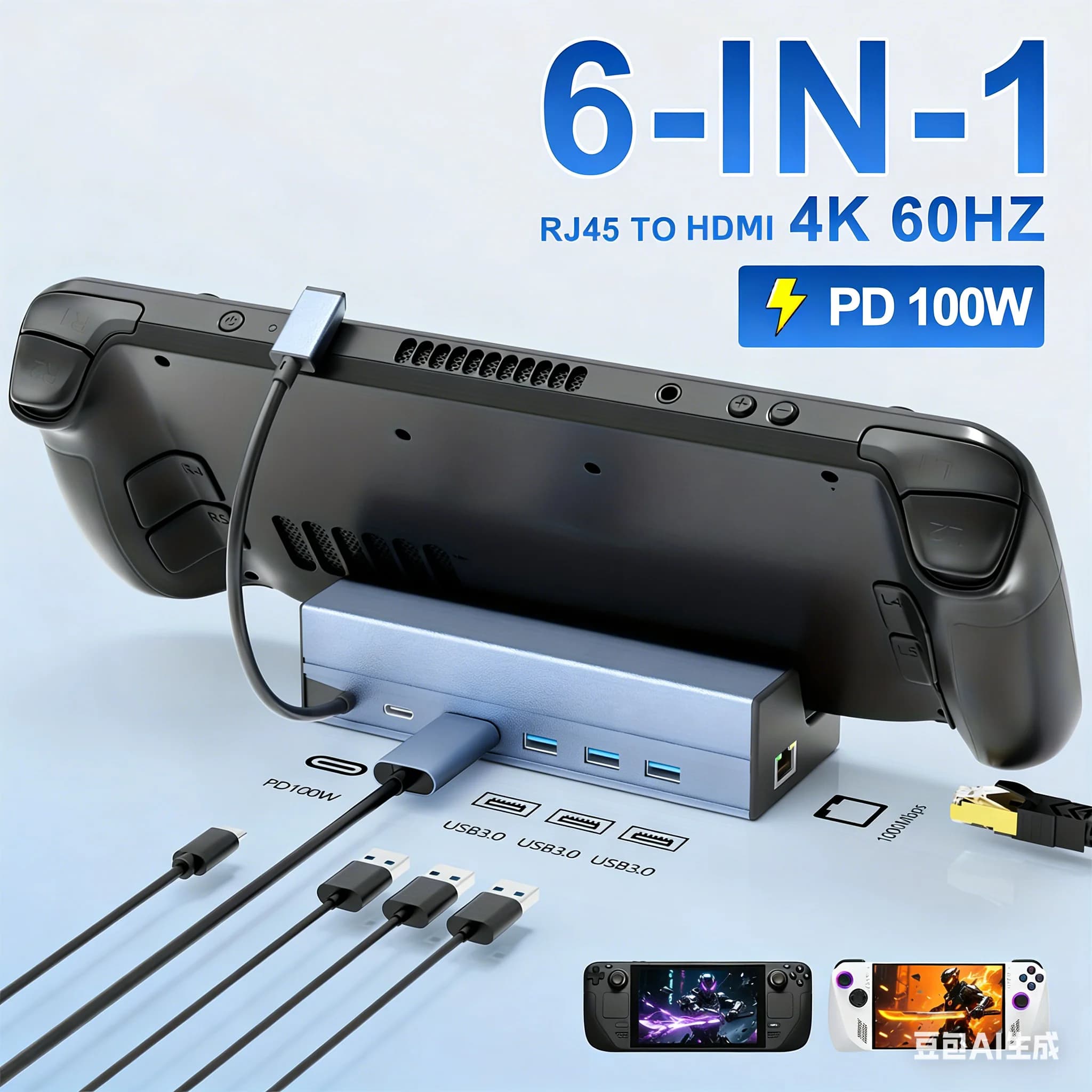 Docking Station 6-in-1 per Steam Deck con HDMI 2.0 4K, Ethernet Gigabit LAN, 3x USB 3.0, Ricarica PD 60W, Hub e Supporto per Steam Deck