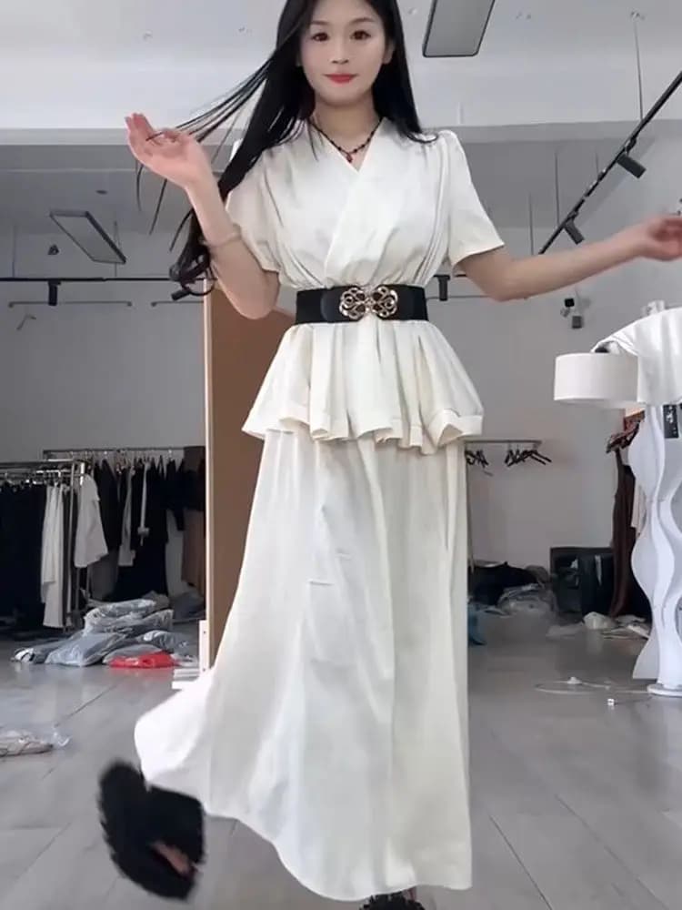 Summer 2026 New Style Silk Satin Waist-Cinching V-Neck Short Sleeve Top High Waist A-Line Skirt Fashionable Two-Piece Set