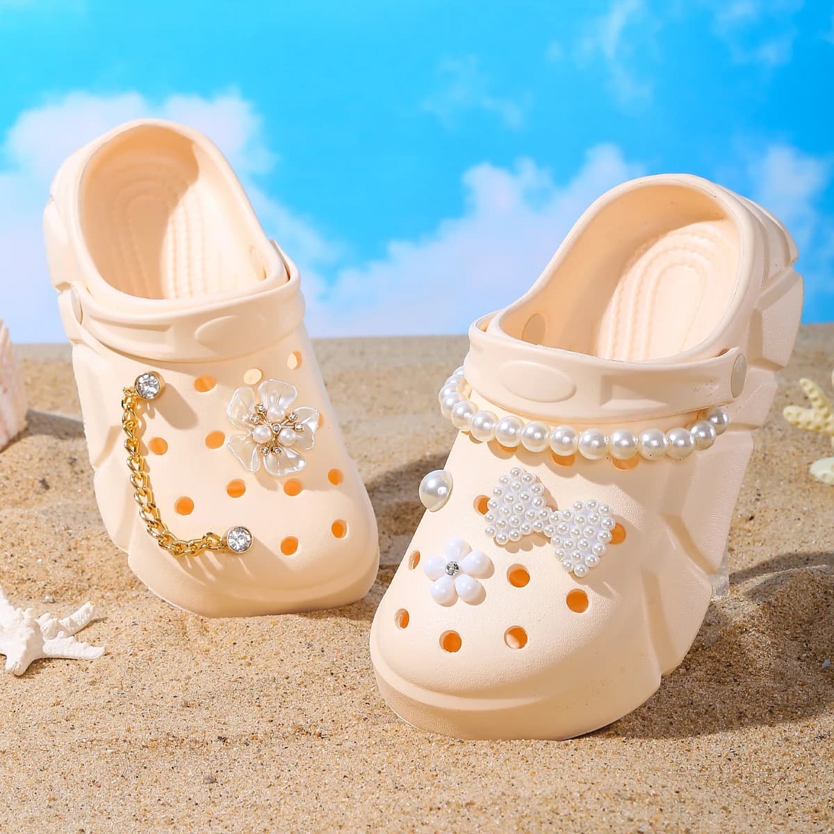 Fashionable EVA Shoes for Girls - Breathable Sandals Anti-slip with Floral Chain and Design with Pearl 3057