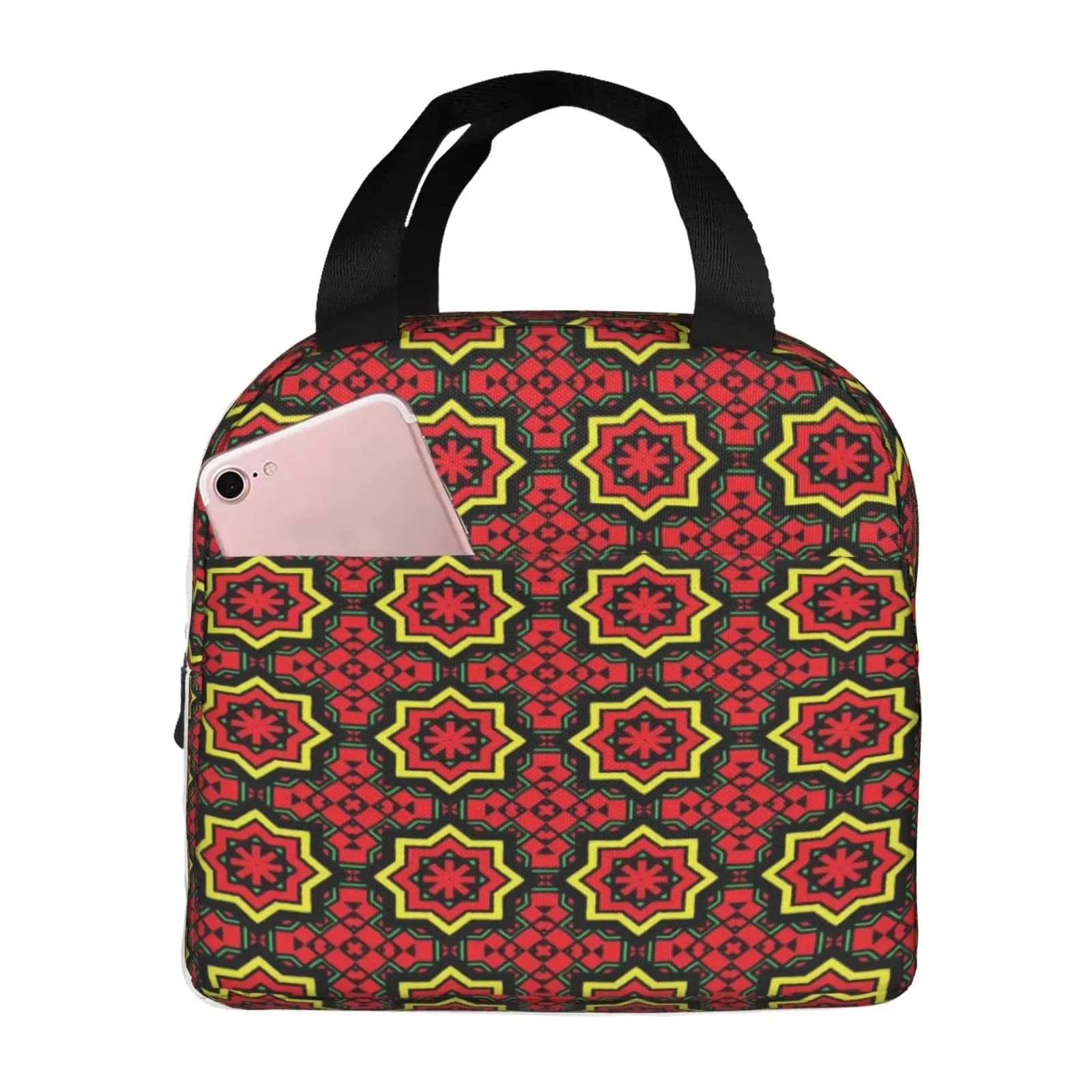 African Ethnic Geometric Pattern Lunch Tote Bag Insulated Reusable Food Container with Front Pocket