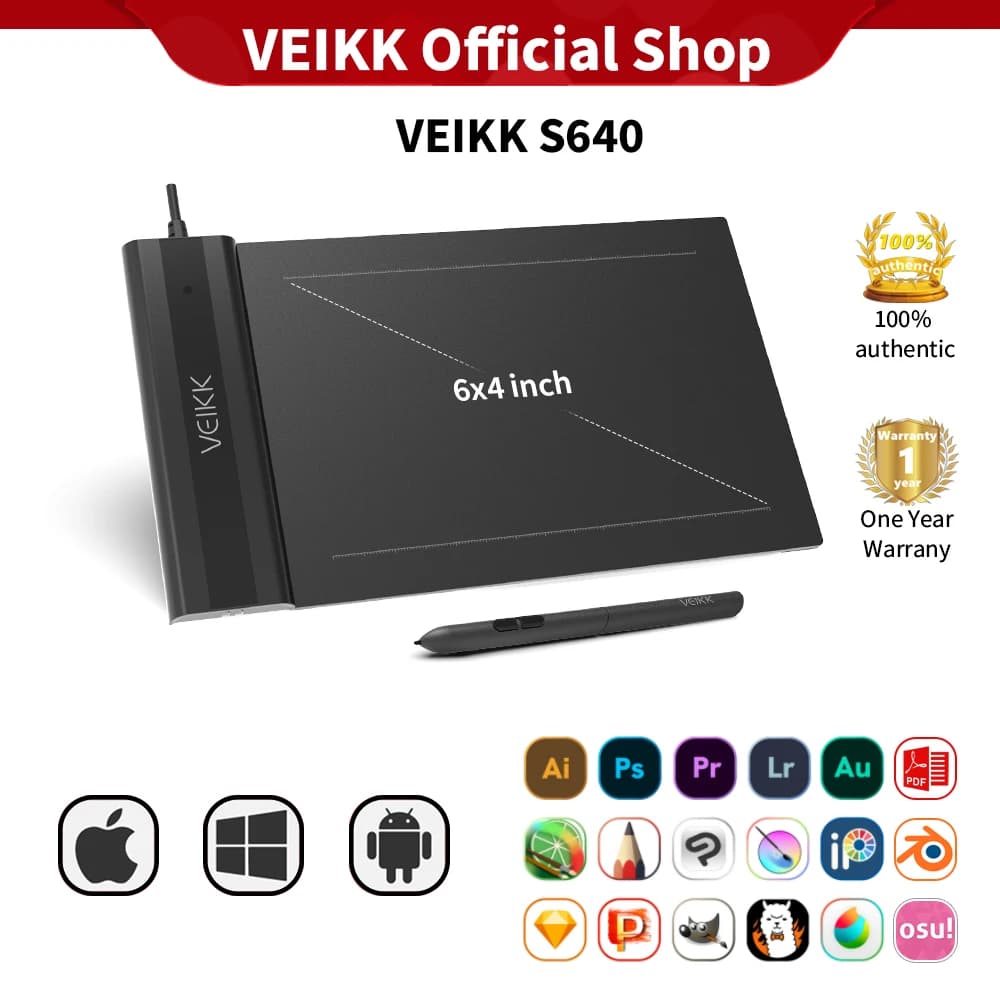 Tavoletta grafica VEIKK S640, tavoletta da disegno digitale, 6.5x4 ", per OSU di disegno e gioco, supporto penna senza batteria Windows Mac Android