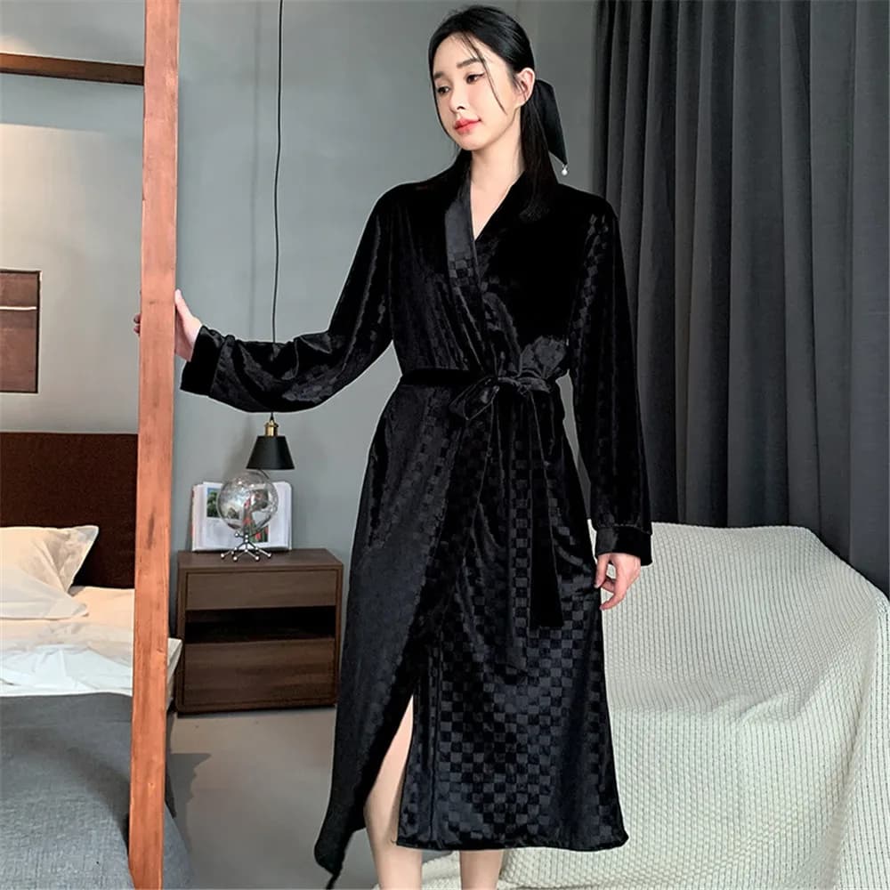 Abito lungo da notte femminile in velluto dorato, kimono, accappatoio, manica lunga, da notte, in velluto sciolto, per la casa, da salotto