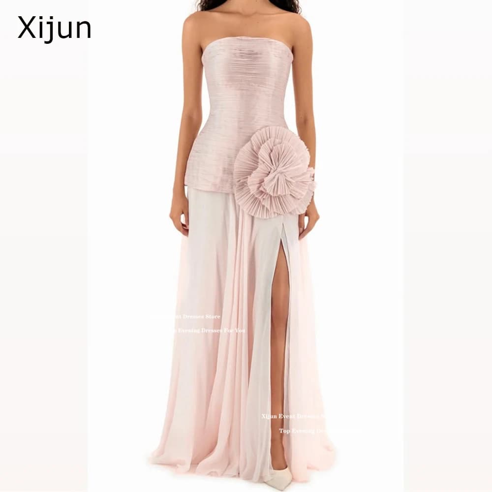 Xijun Blush Pink Abiti da sera in chiffon Increspato senza maniche Fiori 3D Abiti da ballo Split Luxury Dubai Abiti da ballo 2026 Personalizzato