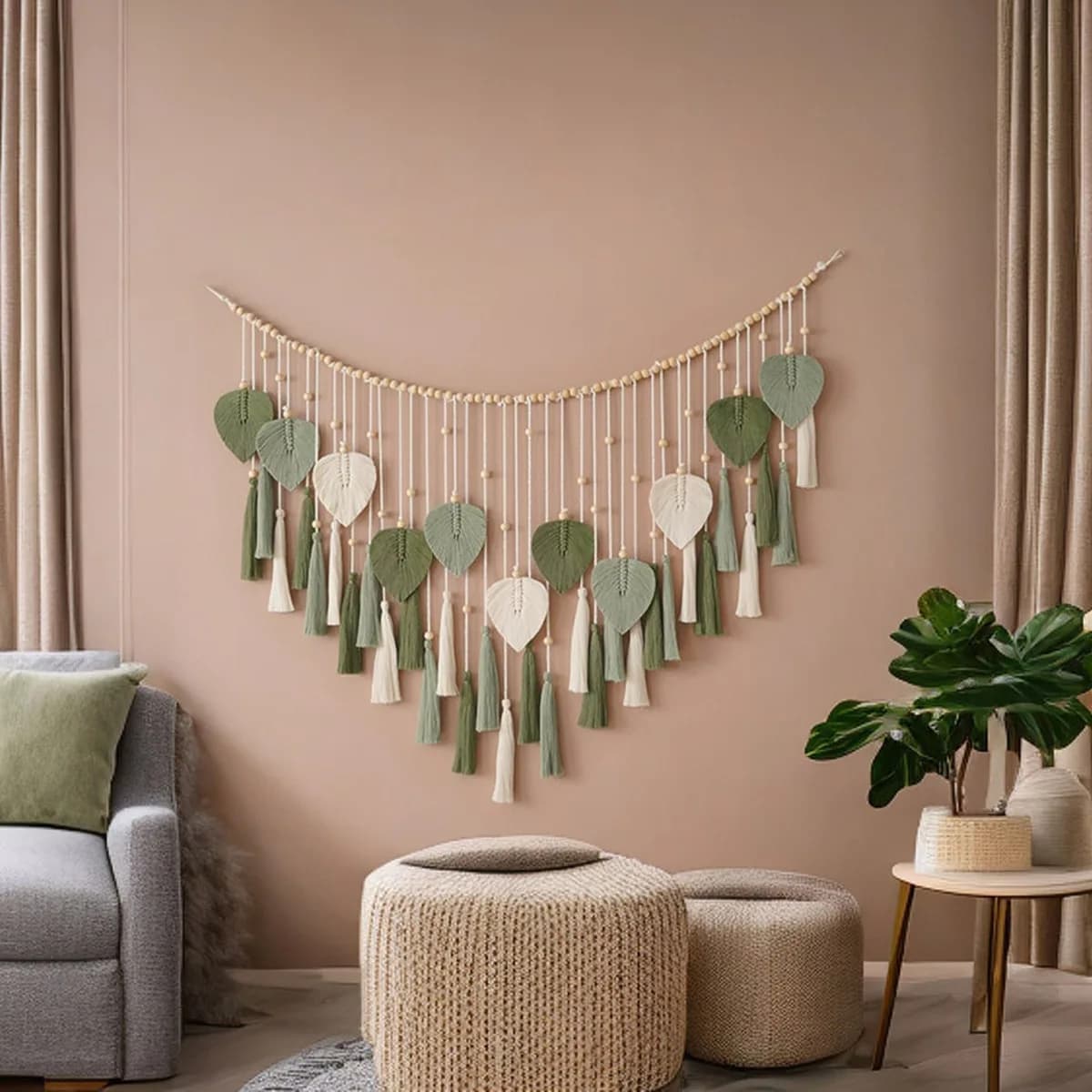 125x75cm Green Bohemian Handmade Woven Cotton Rope Leaf Tapestry - Background Wall Rug For Children's Room Bedroom