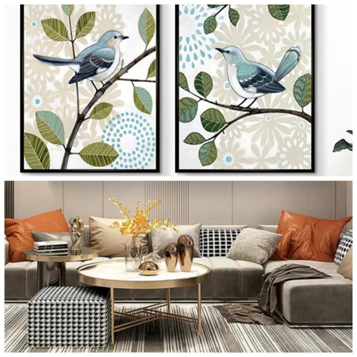 Senza cornice, Quadro su tela con stampa floreale astratta, foglie verdi, uccelli blu, poster pastorale, immagini artistiche da parete per camera da letto
