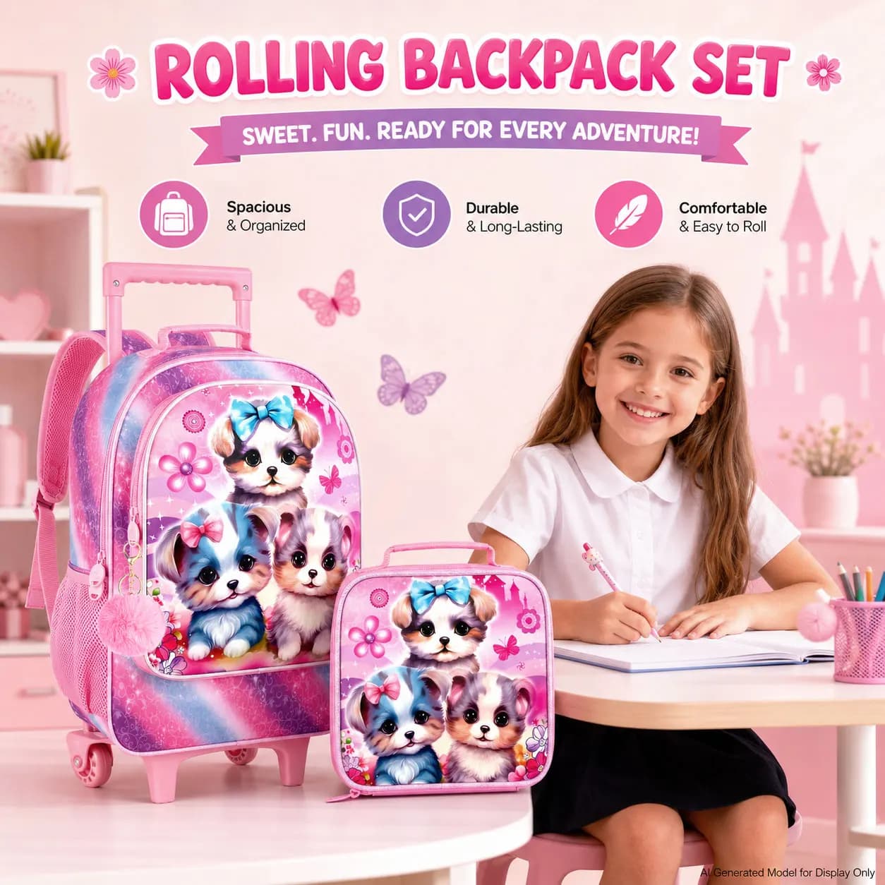3 In1 Girls Sweet Pet Puppy Wheeled Trolley Backpack Set with Handbag & Pencil Pouch for Little Girls Daily School Travel