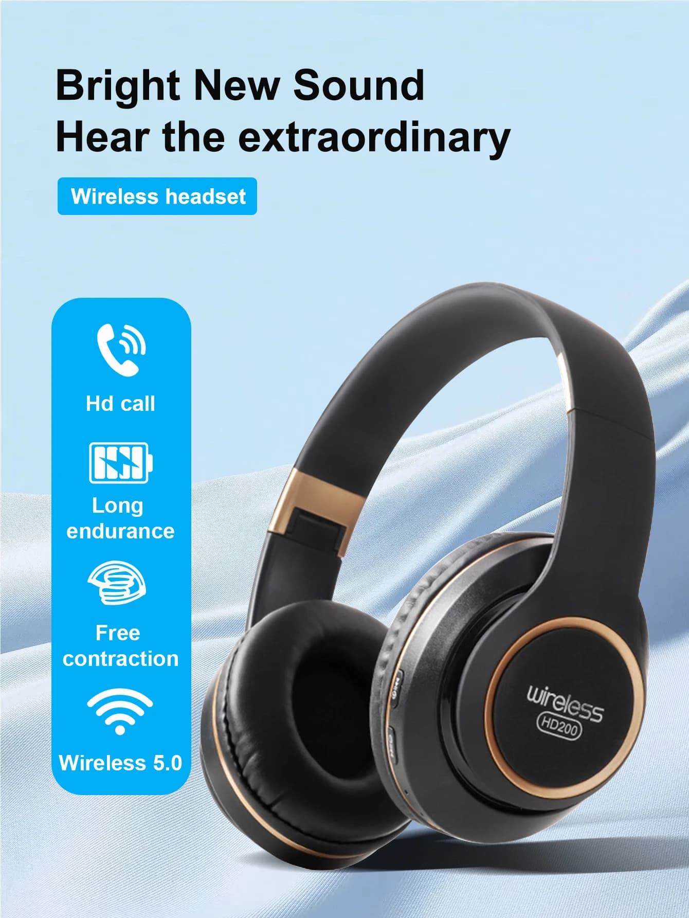 Cuffie HD200 Auricolare Bluetooth Auricolare Cuffie wireless Stereo Supporto pieghevole Scheda TF Microfono Auricolare Vivavoce MP3