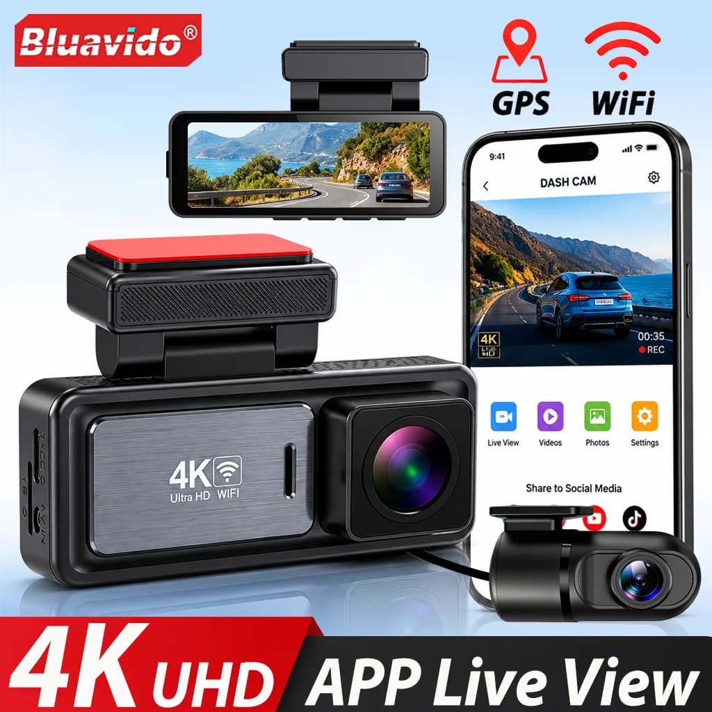 Dash Cam double front 4K and rear 1080P with WiFi, night vision, loop recording, G sensor, car recorder with parking monitor 24/7
