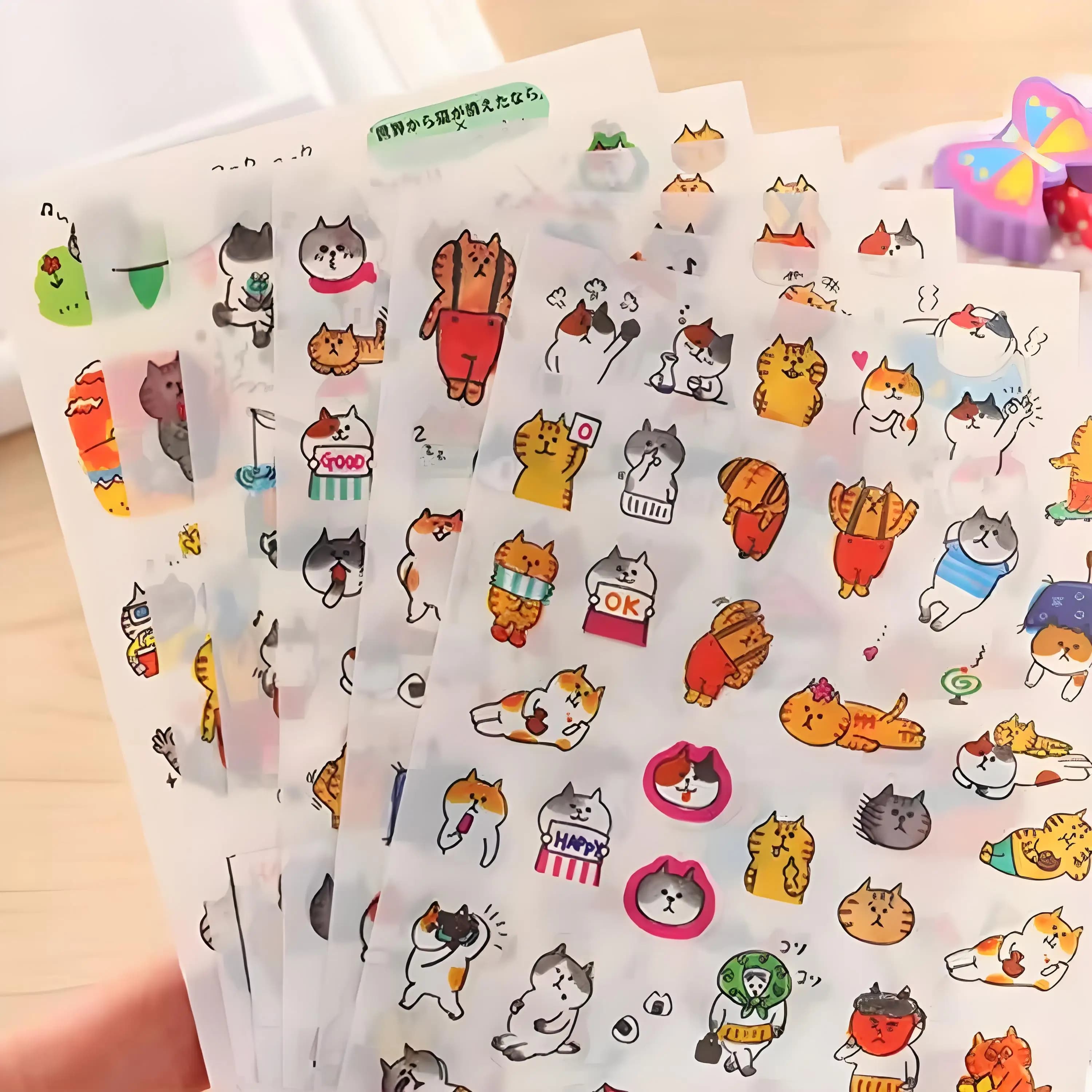 6 Sheets Waterproof Cartoon Cat Stickers Set Cute PVC Diary Journal Scrapbooking Decorations for DIY Projects