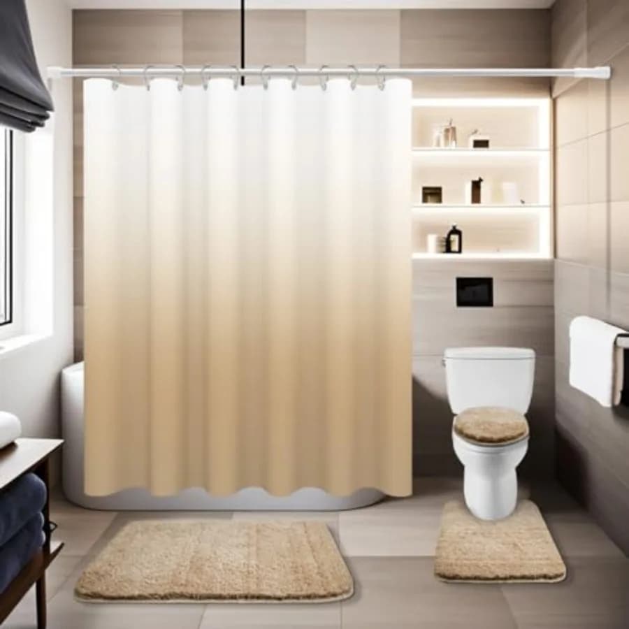 Set da Bagno 4 Pezzi Beige con Tappeti, Tenda Doccia e Copriwater Regolabile
