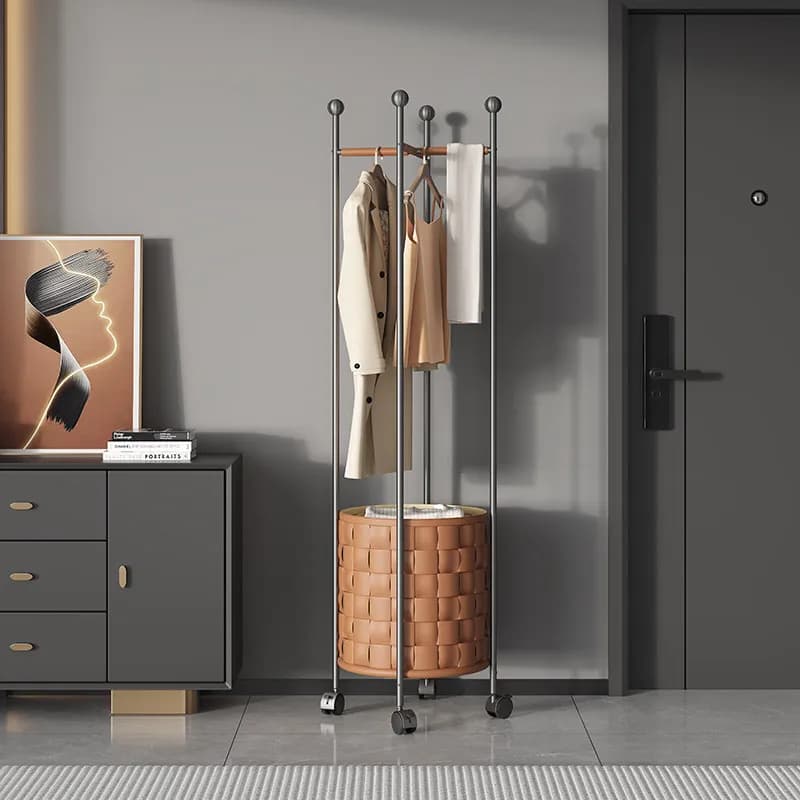 Floor-to-ceiling hanger Bedroom Light luxury metal coat rack Living room Stainless steel Modern dirty clothes basket Movable dry