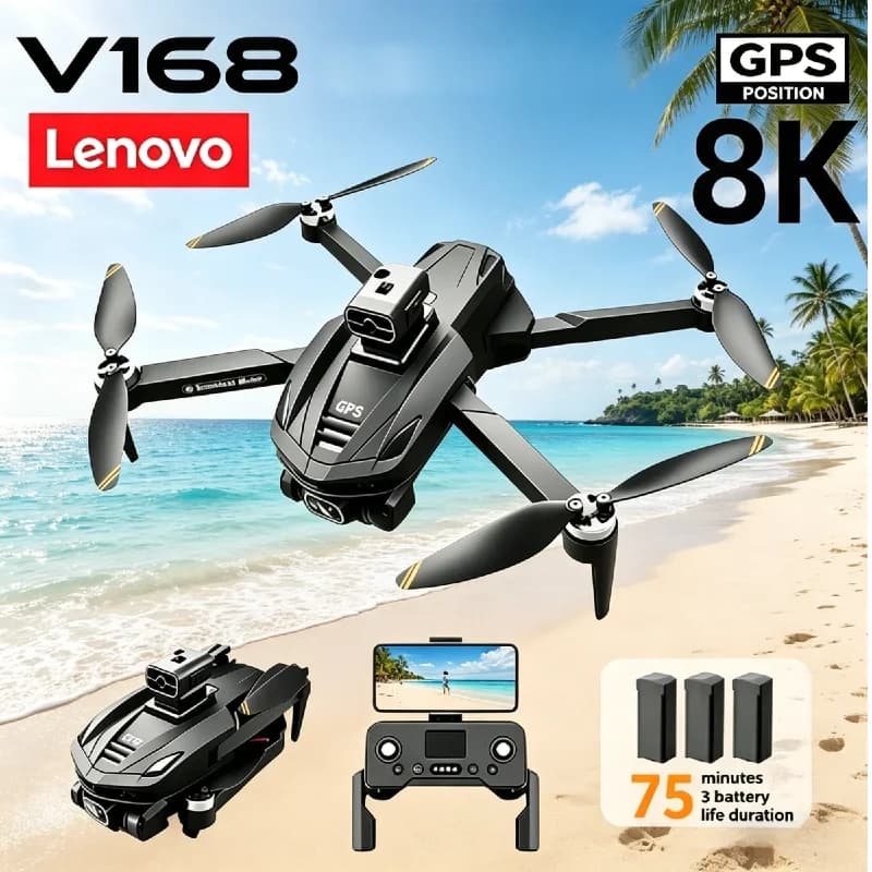 Drone GPS Lenovo V168 con Tre Telecamere 8K, FPV, Evitamento Ostacoli a Quattro Vie, Quadricottero RC Pieghevole