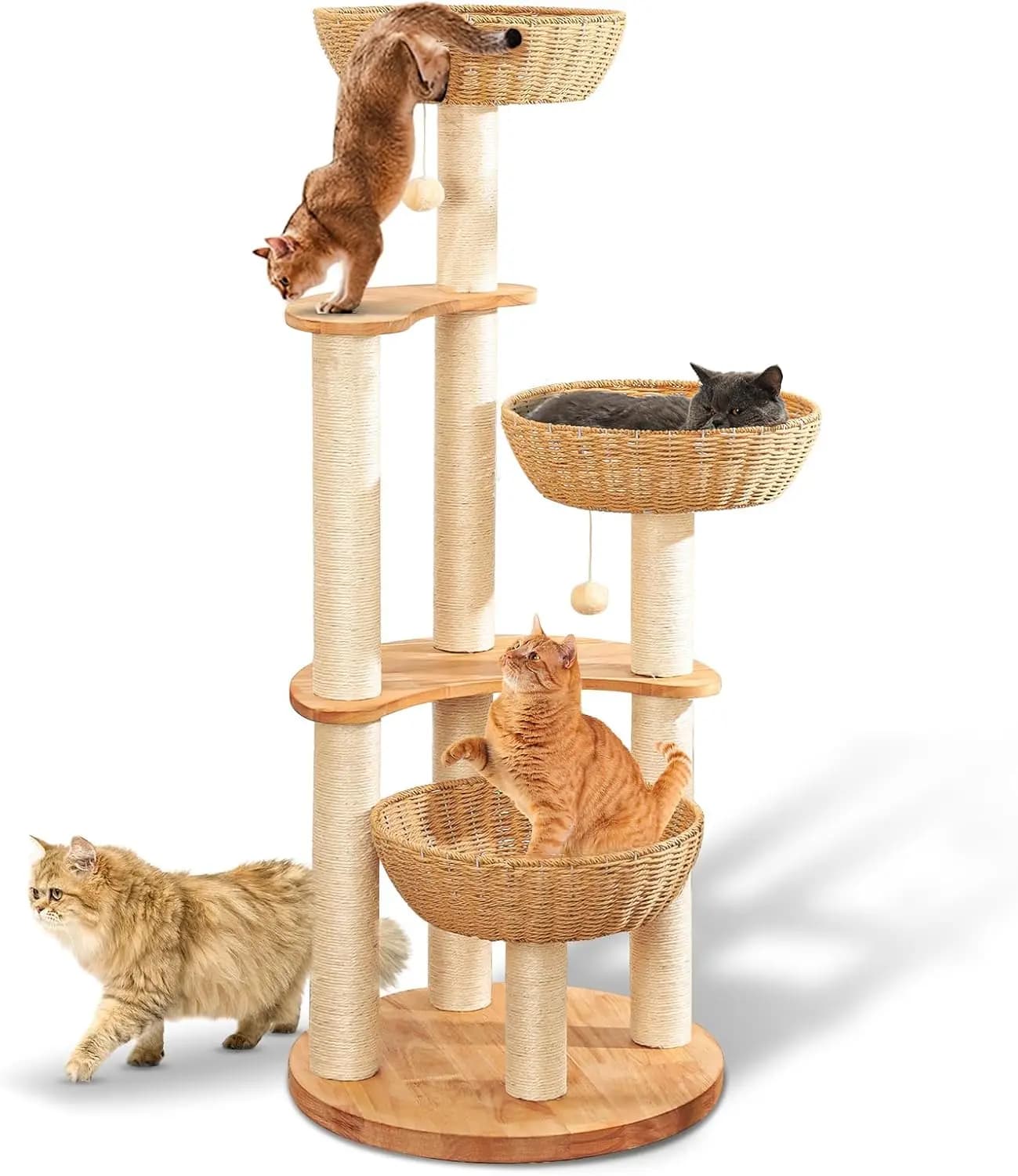 Torre Tiragraffi Moderna da 54 Pollici per Gatti da Interno, Tiragraffi in Quercia per Gatti Grandi Multipli, Cuccia di Lusso Intrecciata a Mano
