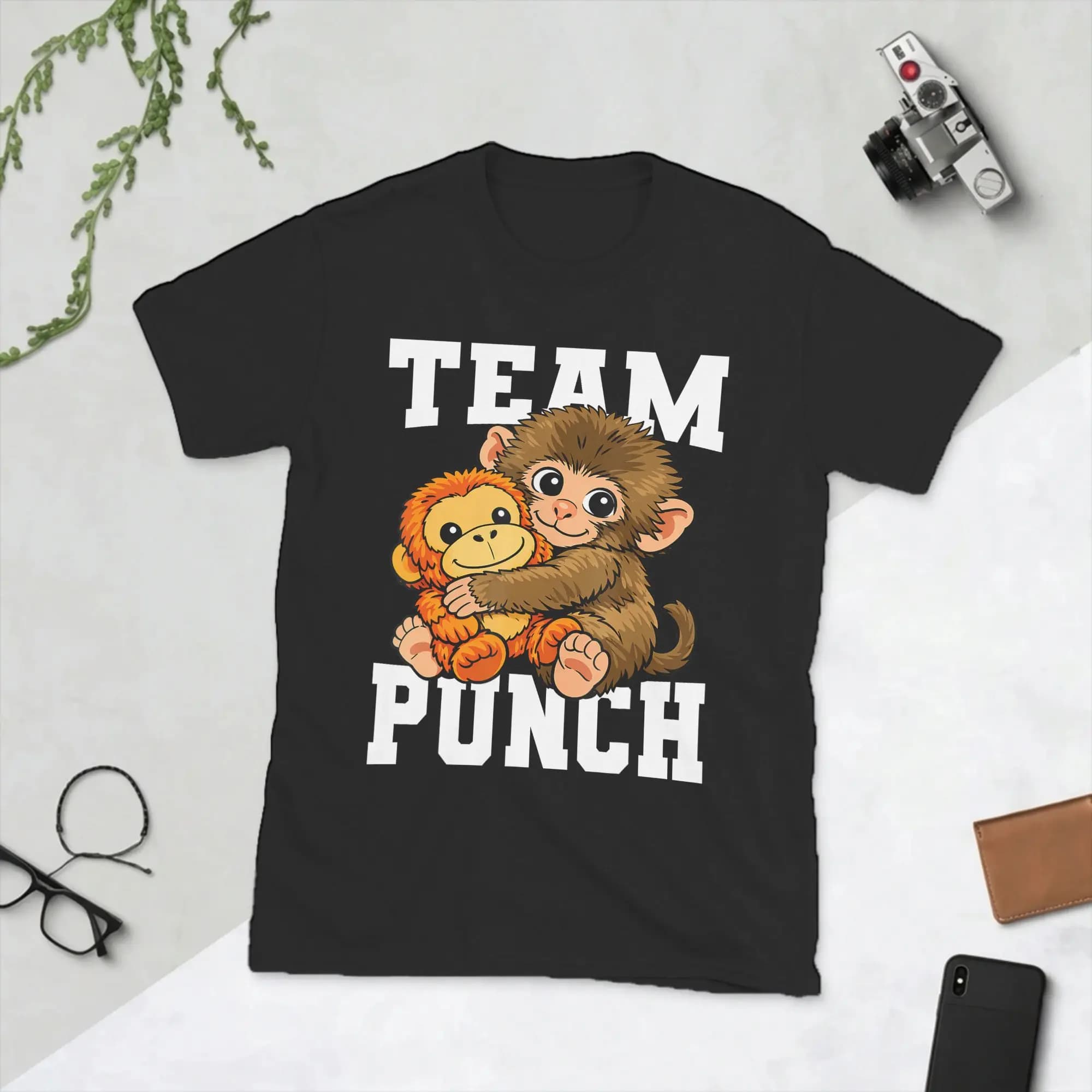 Cute Baby Macaque Holding Plush Toy Japanese Monkey Punch T Shirt Men Cotton Funny T-Shirt Round Collar Tees Short Sleeve Tops