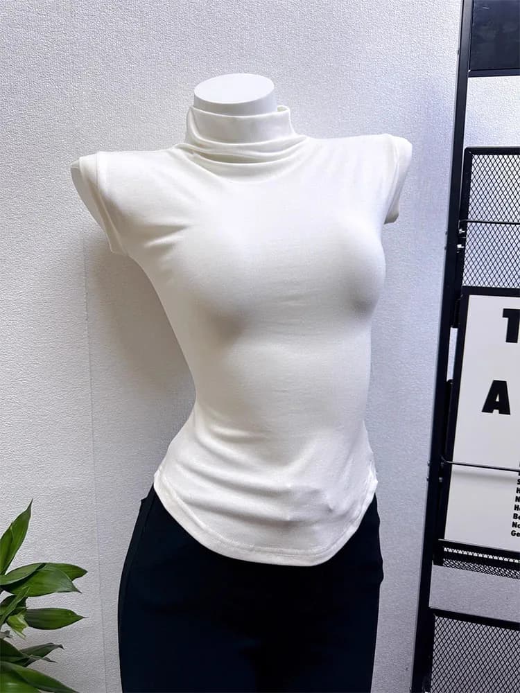 Women's Slim Fit Turtleneck Sleeveless T-Shirt Summer Sexy Casual Pullover Basic Top Streetwear Female Tees