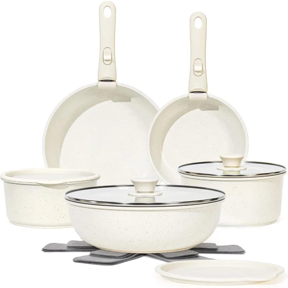 Set of 15-piece non-stick pans with detachable handles - Safe stackable granite pots for white induction oven