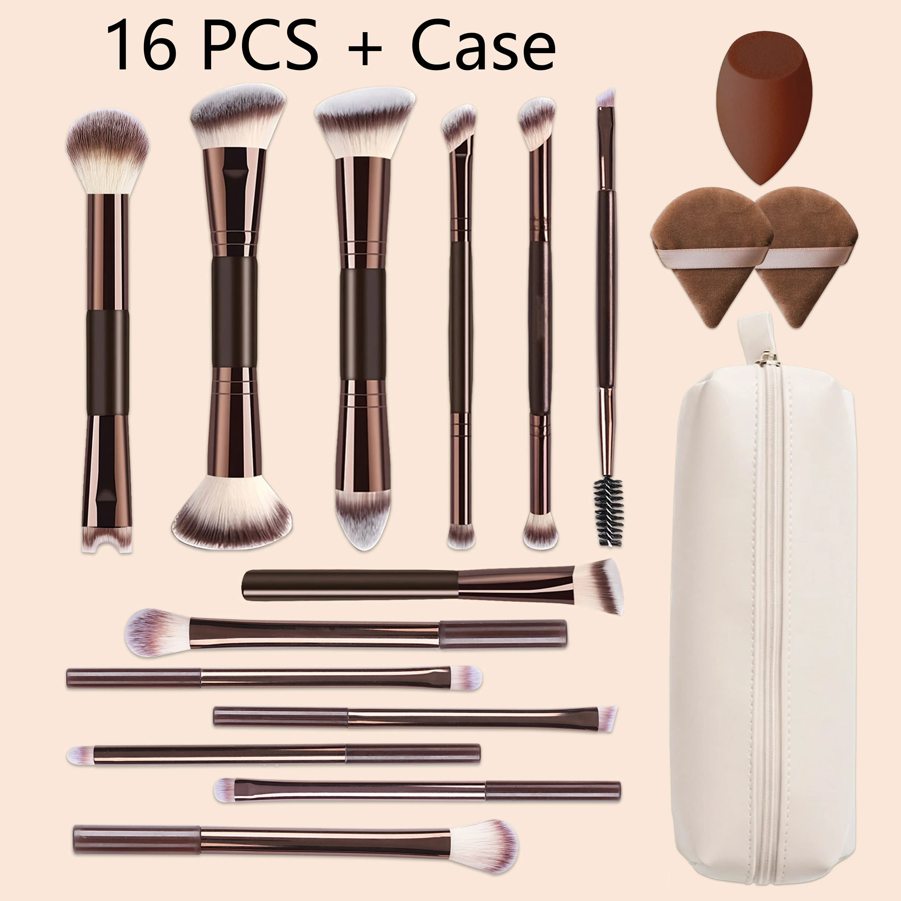 16 PCS Double-Ended Makeup Brush Set with Case, Professional Foundation, Powder, Concealers, Eyeshadow, Blush Brush