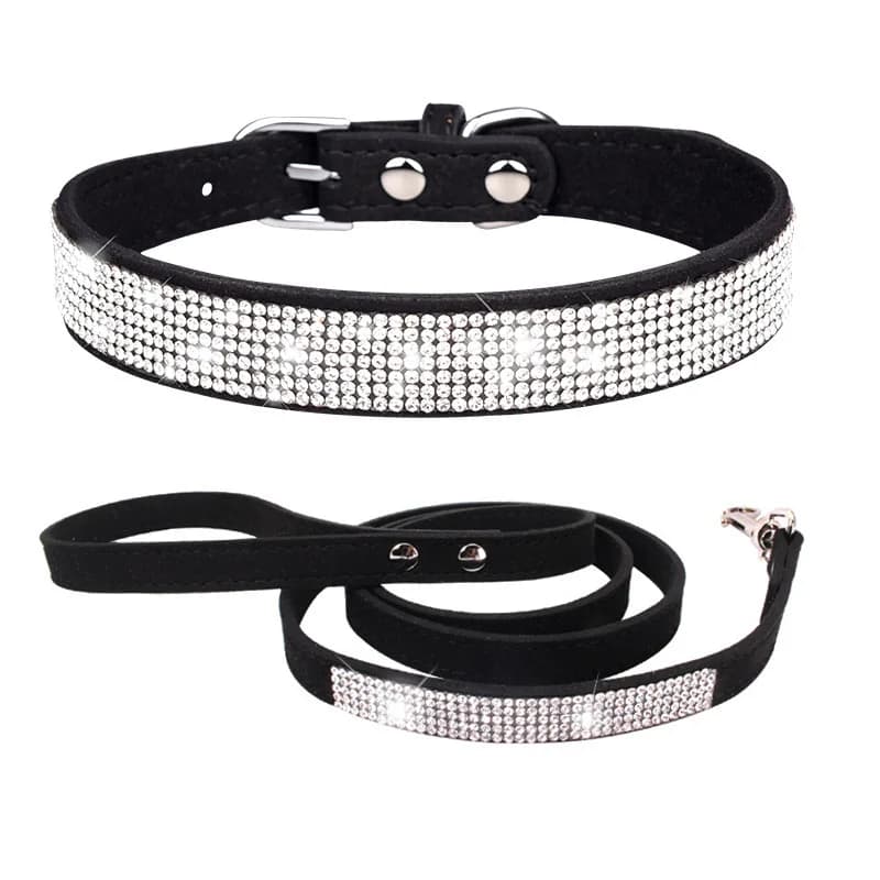 Collare per Animali Domestici con Strass Lucidi, Collare per Cani Piccoli e Medi, Guinzaglio a Catena, Set Collare e Guinzaglio in Microfibra per Gatti