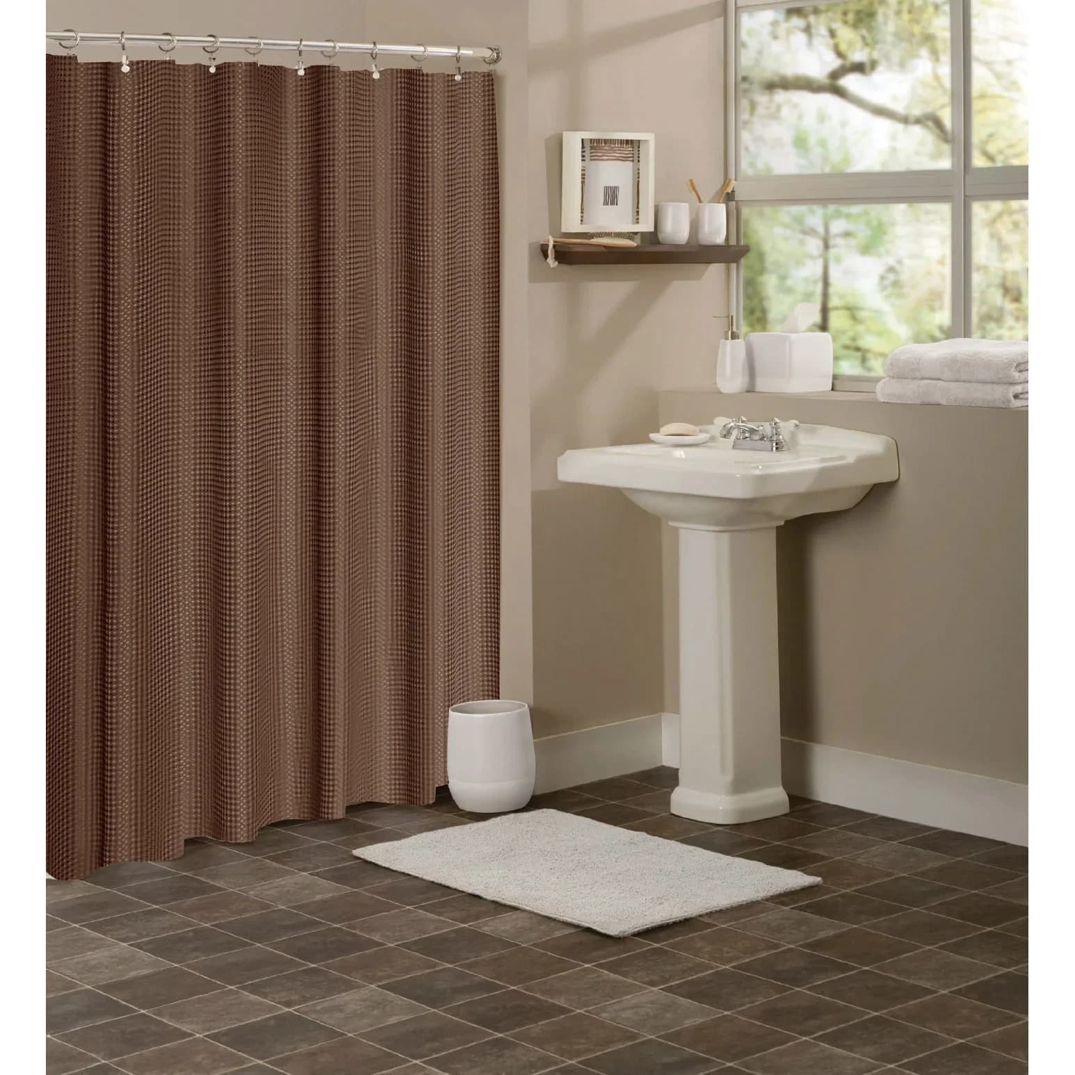Waffle Texture Shower Curtain for Bathroom Decor in Rich Chocolate Tone