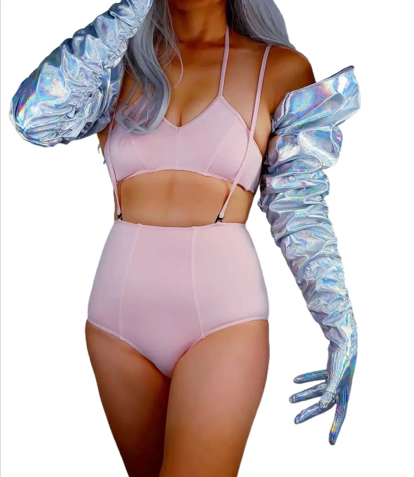 DooWay Guanti argento olografici unisex con maniche a sbuffo increspate in finta pelle di lattice 100 cm lungo spalla guanto da festa cosplay di Halloween
