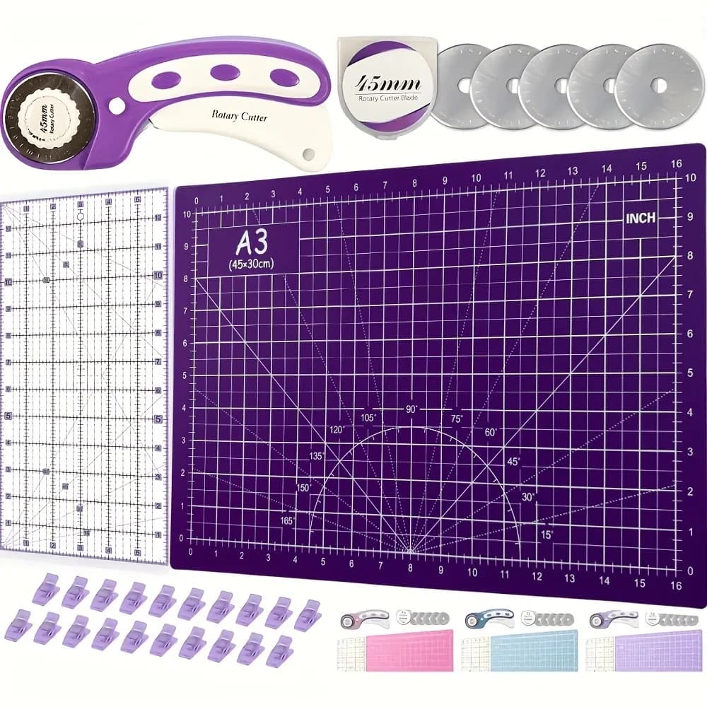 Set di Taglierine Rotanti con Tappetino da Taglio A3, Righello per Patchwork, Taglierina per Tessuti da 45mm, 5 Lame di Ricambio, Clip per Strumenti Fai-da-te di Cucito, Quilting e Artigianato