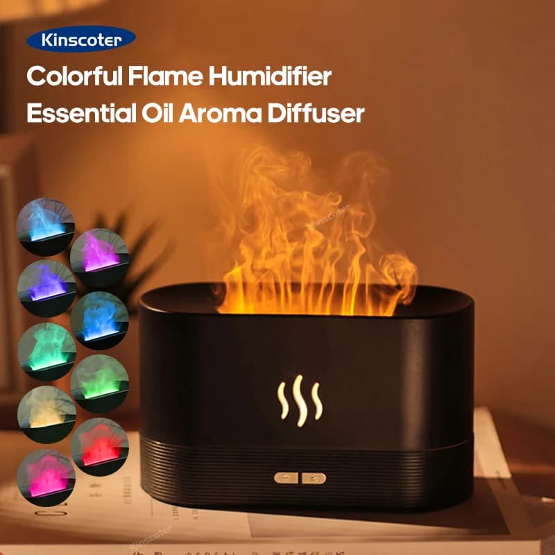 Diffusore di Aromi USB da Tavolo con Effetto Fiamma, Umidificatore con 7 Colori, Purificatore d'Aria per Camera da Letto/Set di Oli Essenziali