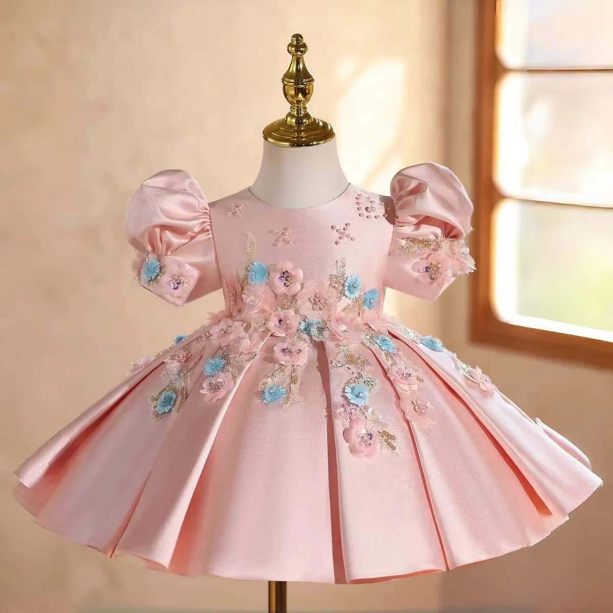 Jill Wish J842 Abito da ragazza rosa di lusso con fiori di perline in raso al ginocchio per bambini, matrimonio, compleanno, festa, spettacolo, abito da ballo