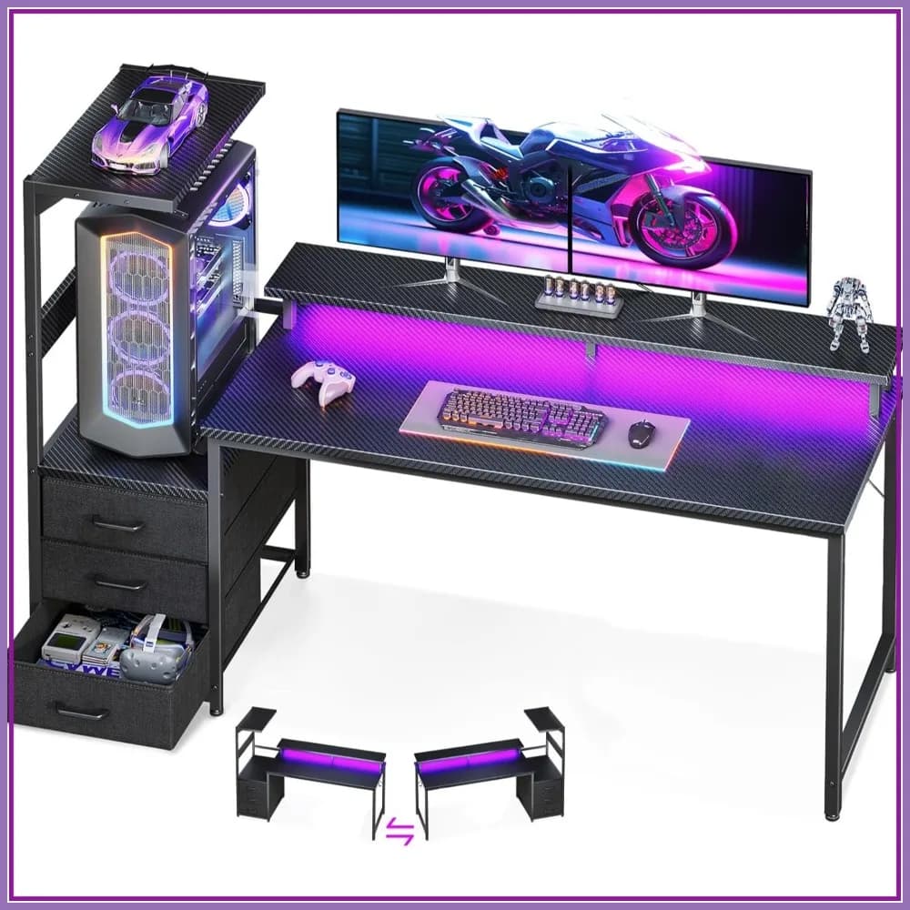 Scrivania da Gaming 59 Pollici con Luce LED, Scrivania per Computer Reversibile con Ripiani Portaoggetti e Supporto Monitor, Cassetti in Tessuto, Nera