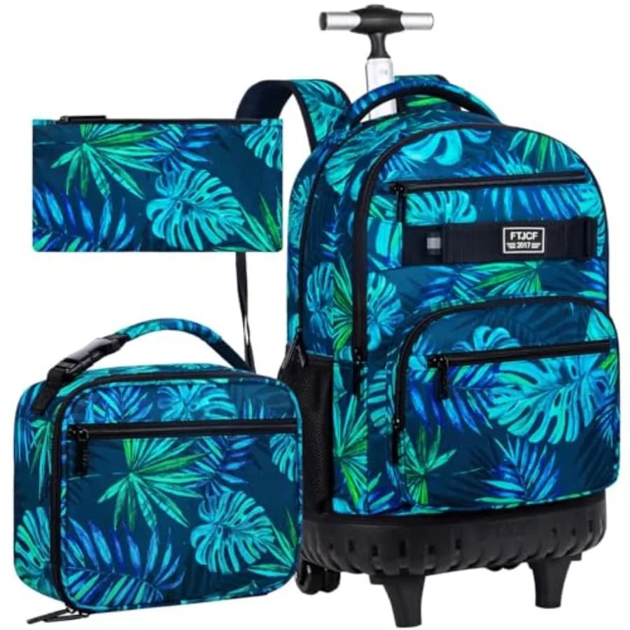 Set di 3 Zaini con Ruote per Uomo, Borsa per Adulti da 19 Pollici con Rotelle, Zaino con Ruote per Ragazzi - Verde