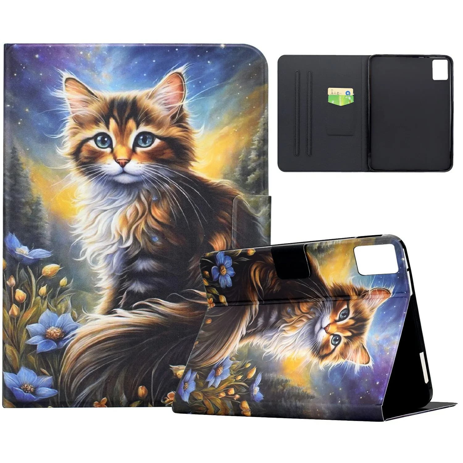 Custodia per Lenovo Xiaoxin Pad 12.1 (2025) con stampa fantasia, supporto e slot per carte - Gatto Notte Stellata