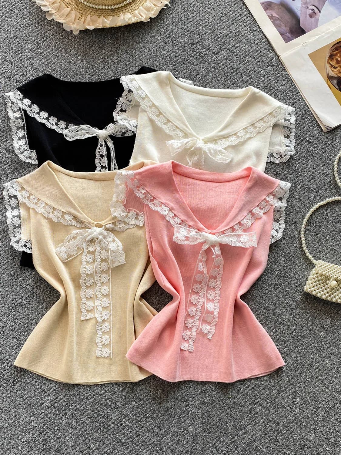 Slimming Lace Knitwear with Belt Design V-Neck Splicing Elegant Style for Women Summer Unique Beautiful Hong Kong Flavor Top
