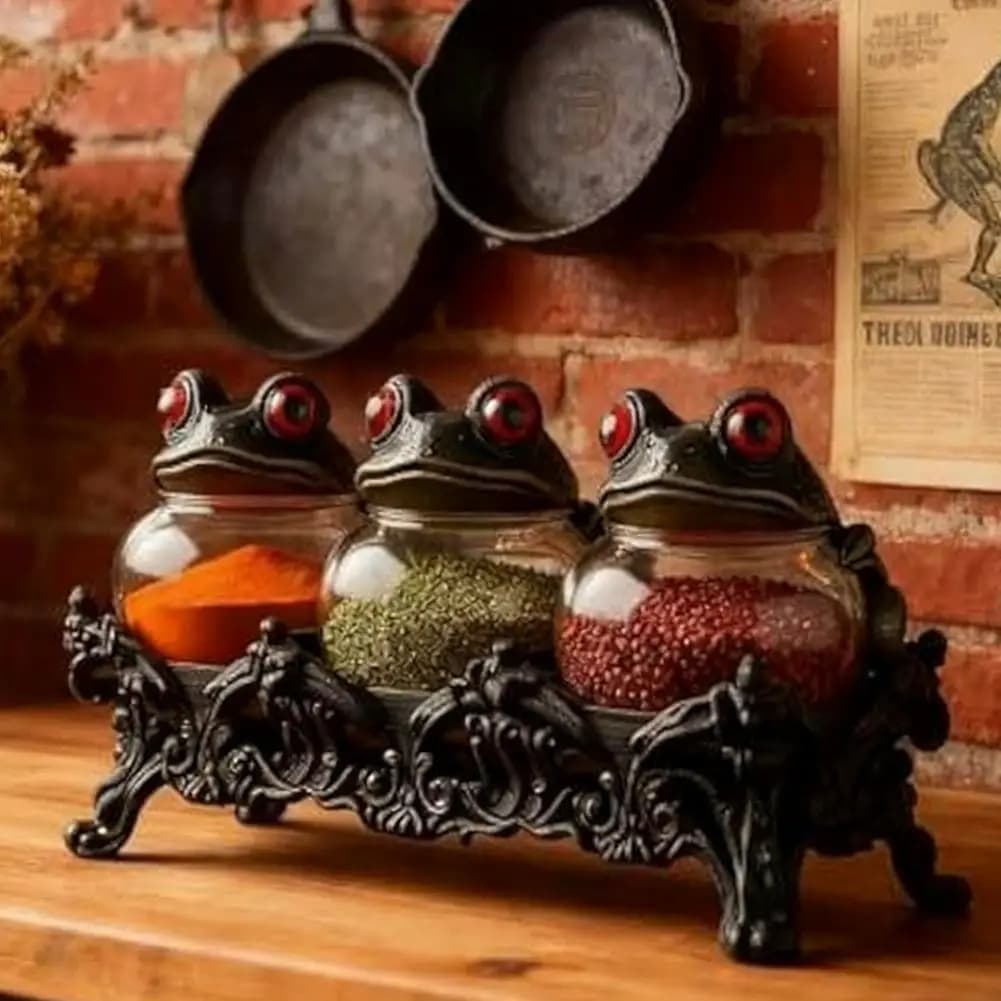 Set di 3 Barattoli Artigianali per Spezie a Forma di Rana Gotica, in Vetro Trasparente con Coperchi a Forma di Rana, Decorazione Gotica per Cucina, Idea Regalo