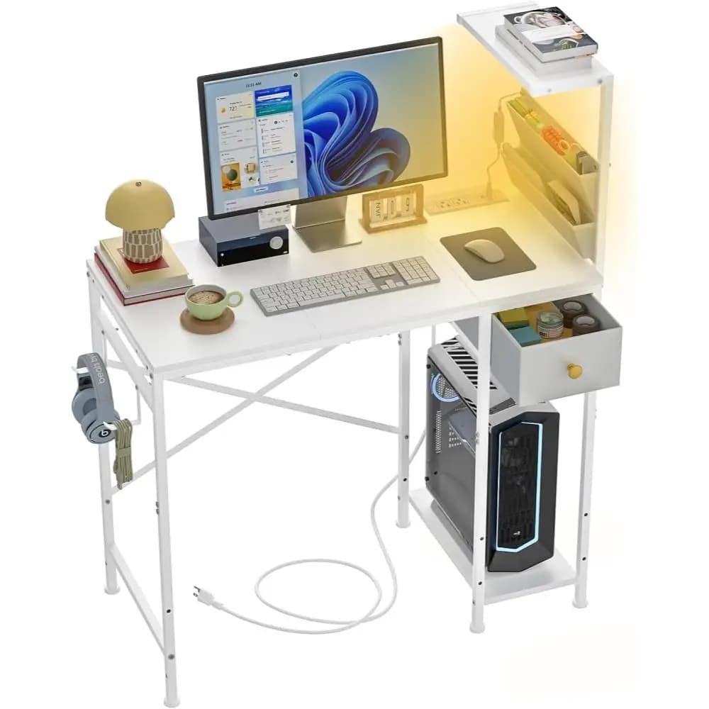 Scrivania per Computer da 86 cm con Prese di Corrente, Luci LED e Cassetto, Scrivania da Ufficio Compatta con Borsa Portaoggetti e Ganci, Scrivania da Gaming per