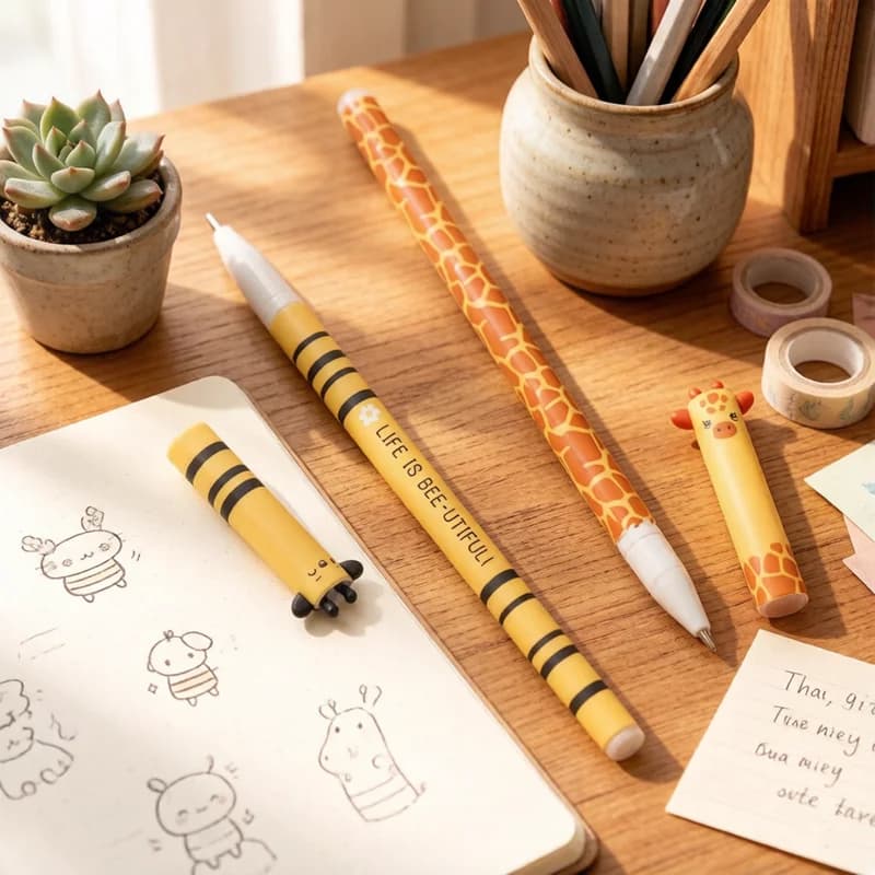 Set di 7 Penne Gel Cancellabili a Tema Animali Cartoon, 0.5mm, con Disegni di Ape, Coniglio, Giraffa, per Bambini, Scuola e Cancelleria