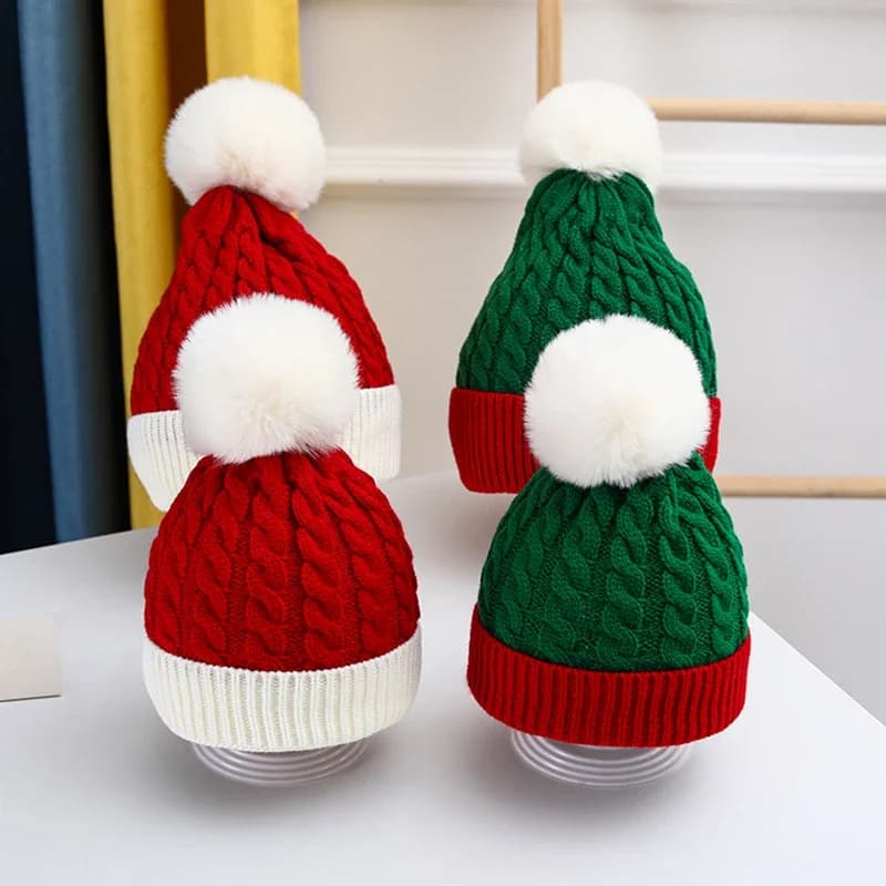 Cappello di lana di Babbo Natale per bambini adulti Cappello invernale caldo all'uncinetto Skullcap Donna Berretto con pompon Cofano Festa di Capodanno Regalo di Natale 2 dimensioni