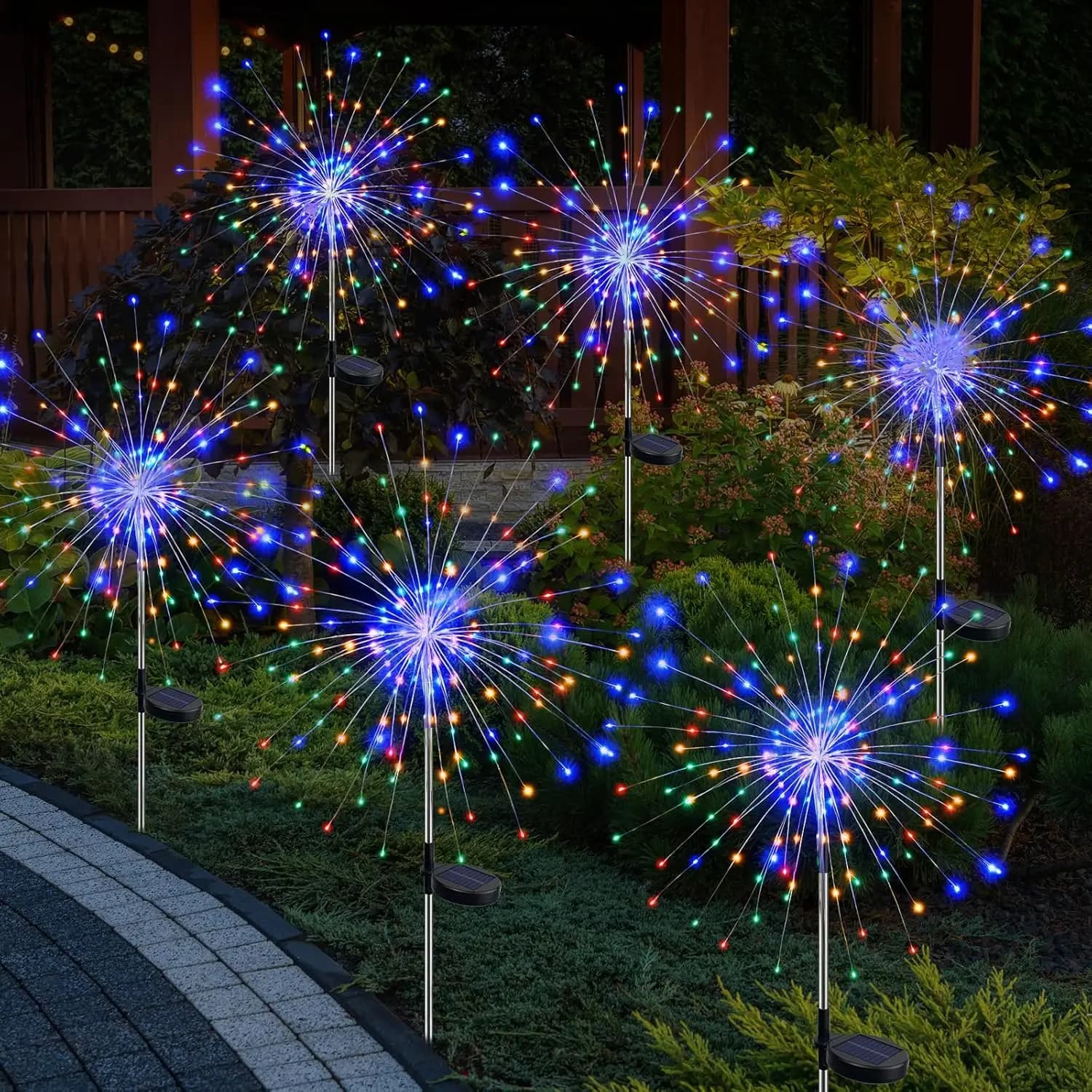 Set di 6 Luci Solari da Giardino, 8 Modalità di Illuminazione a Effetto Fuochi d'Artificio per Decorazione Esterna di Cortili, Patii, Sentieri, Piscine e Feste