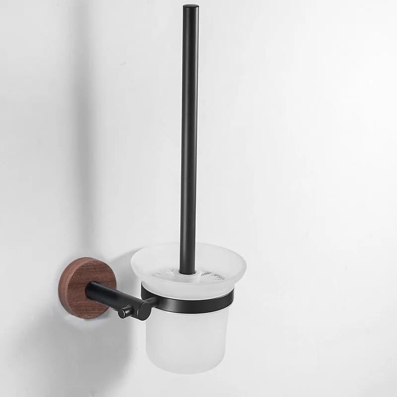 Set portaspazzole per WC nero, in legno, alluminio, montato a parete, lavabo antico, bagno, durevole, tazza di vetro, kit per mensola portaspazzole per WC