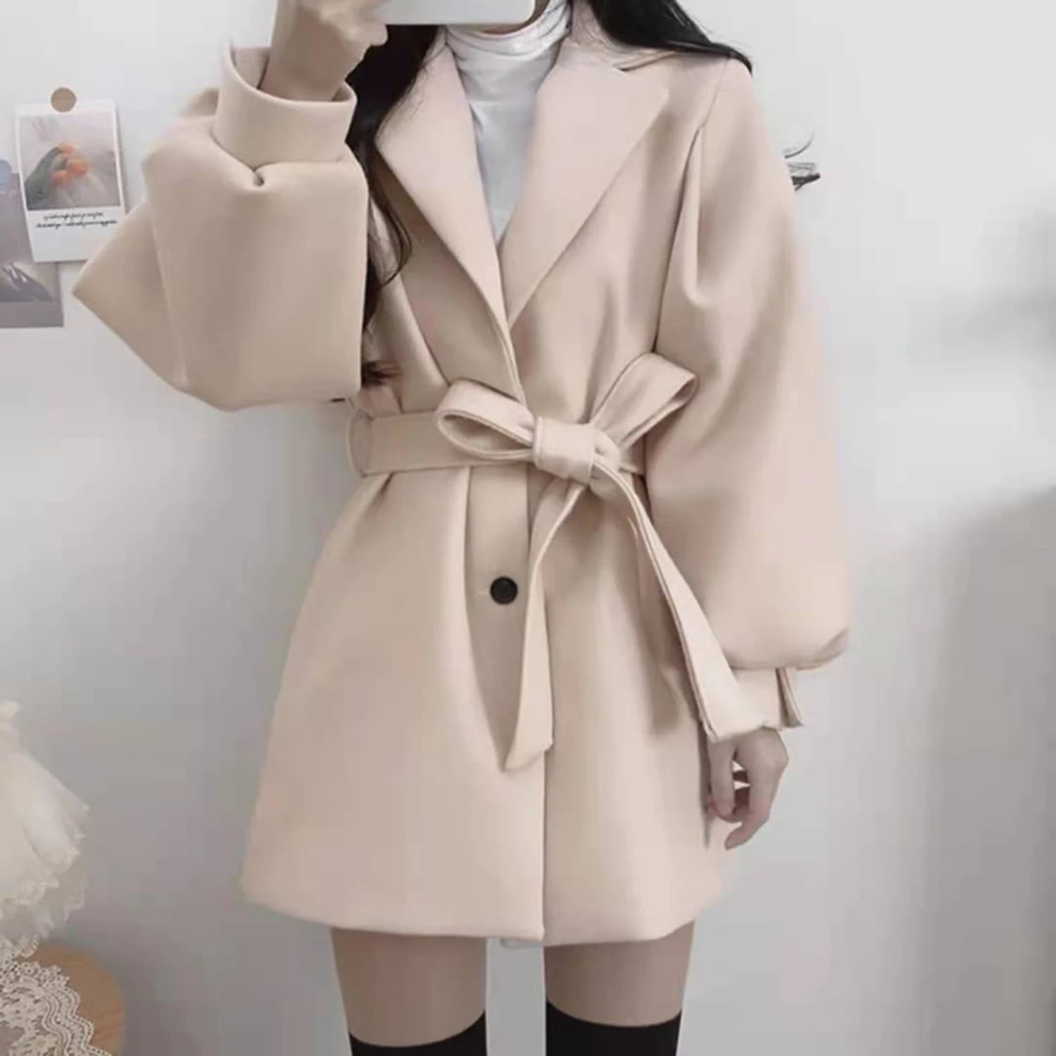Women's Allingentle Blazer in Ivory, Fashionable Wool Jacket, Street Coat with Cocktail Party Belt and Daily Outfit, Customizable