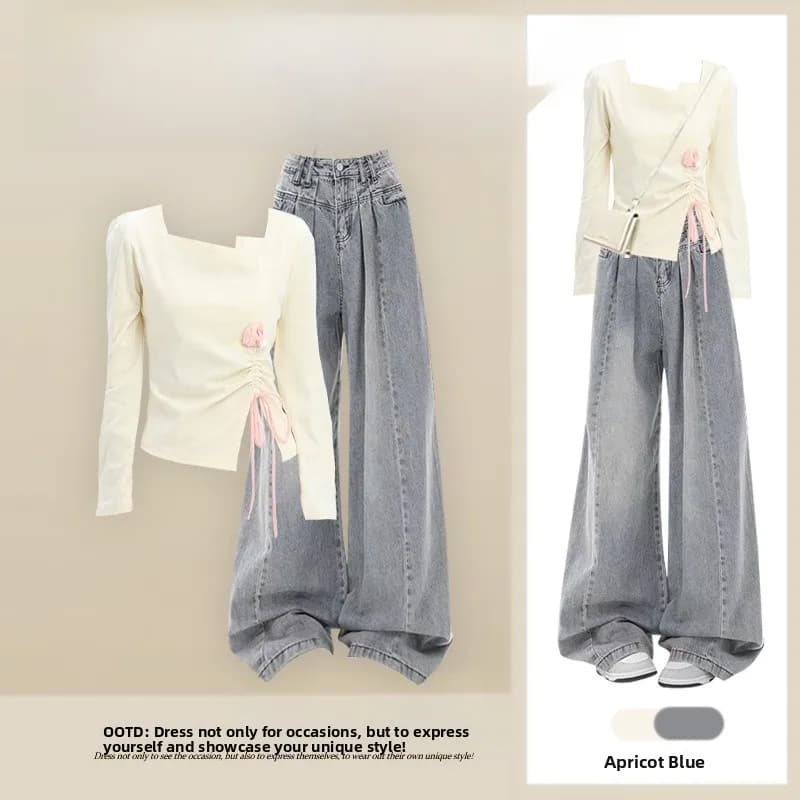 Faionable Long Sve T-irt Top And Wide Leg Jeans Two Piece Set Spring 2026 Korean Sle Versatile Clothing for Women